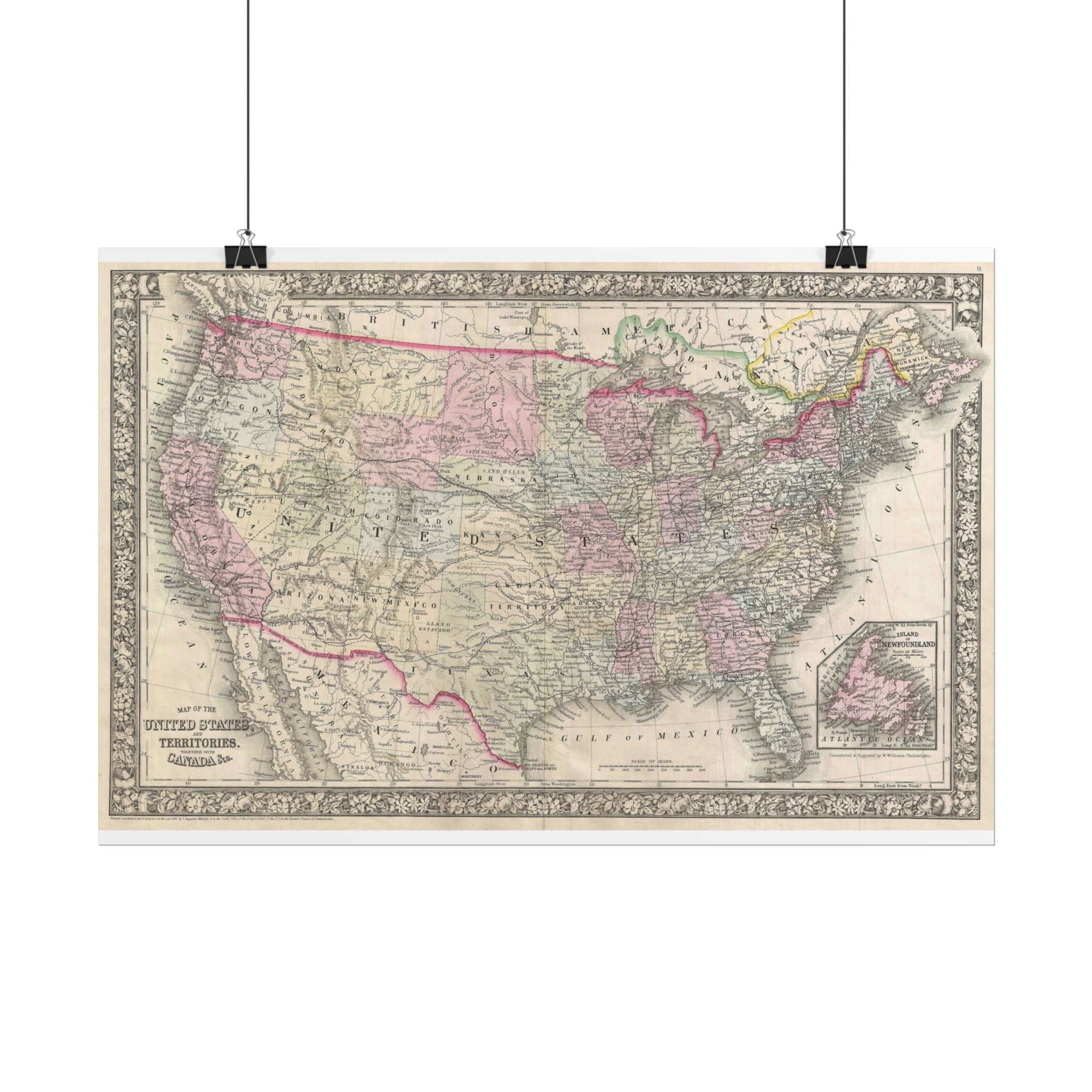 United States of America Historic Map (c. 1866) Rolled Poster | Vintage Map Wall Art