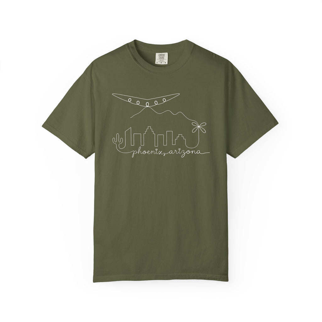 Phoenix, Arizona Minimal Line Art Skyline T-Shirt —  Unique Phoenix Lights UAP Tee