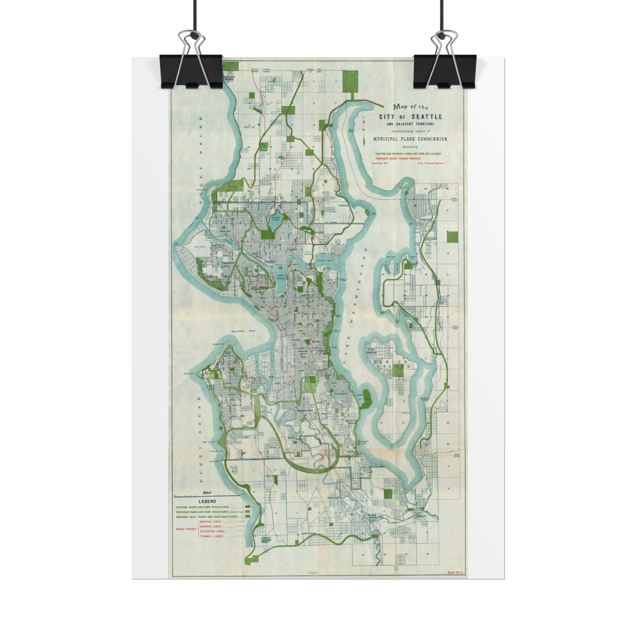 Seattle, Washington (c. 1911) Historic City Map Rolled Poster | Vintage Map Wall Art