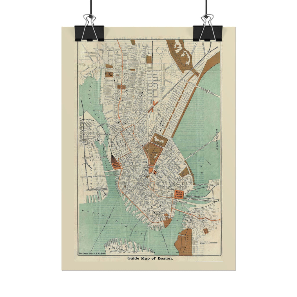 Boston, Massachusetts (c. 1901) Historic City Map Rolled Poster | Antique Map Wall Art
