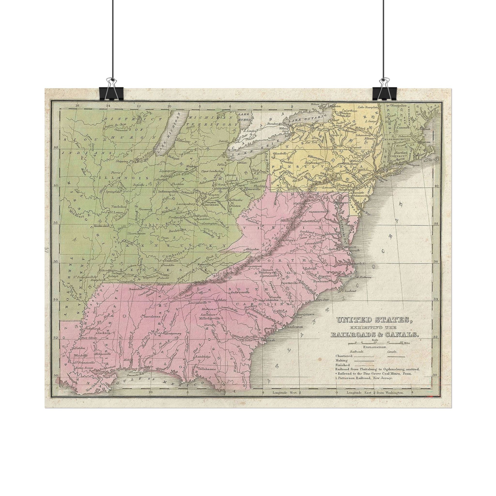 United States of America Historic Railroad Map (c. 1835) Rolled Poster | Vintage Map Wall Art