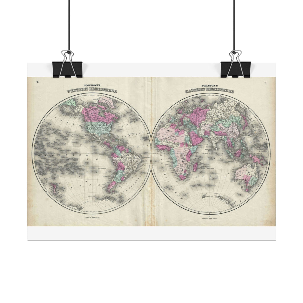 The World Atlas Hemispheres Historic Map (c. 1863) Rolled Poster | Antique Map Wall Art