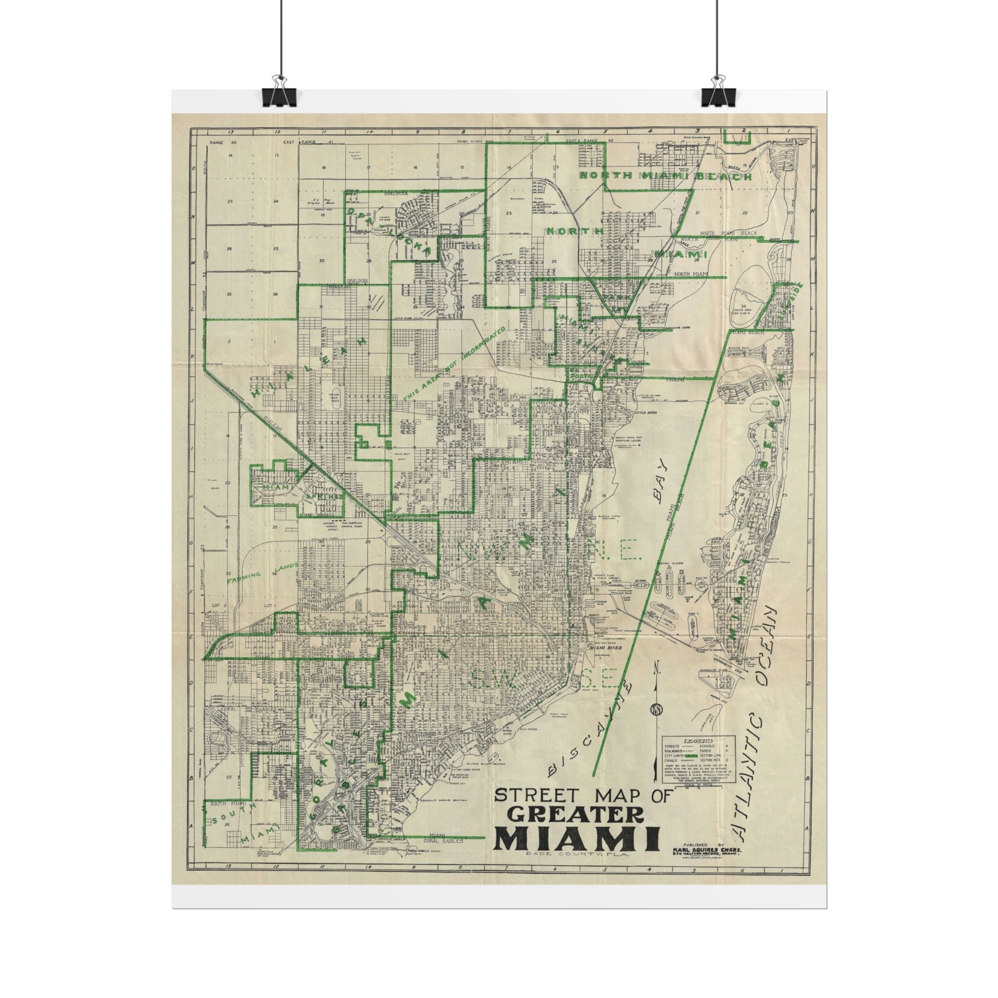 Miami, Florida (c. 1945) Historic City Map Rolled Poster | Antique Map Wall Art