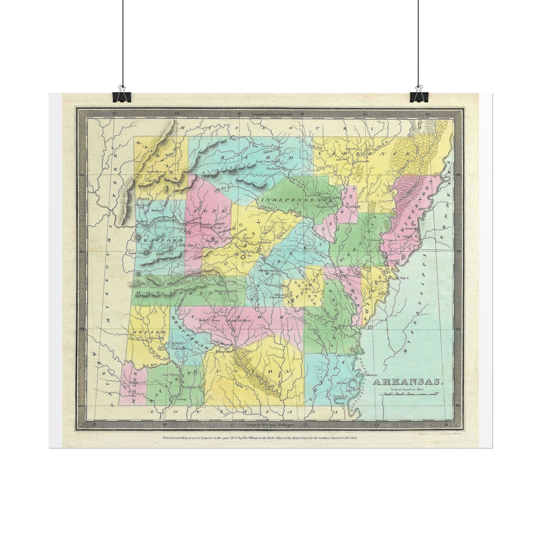 Arkansas Historic Map (c. 1852) Rolled Poster | Antique State Map Wall Art
