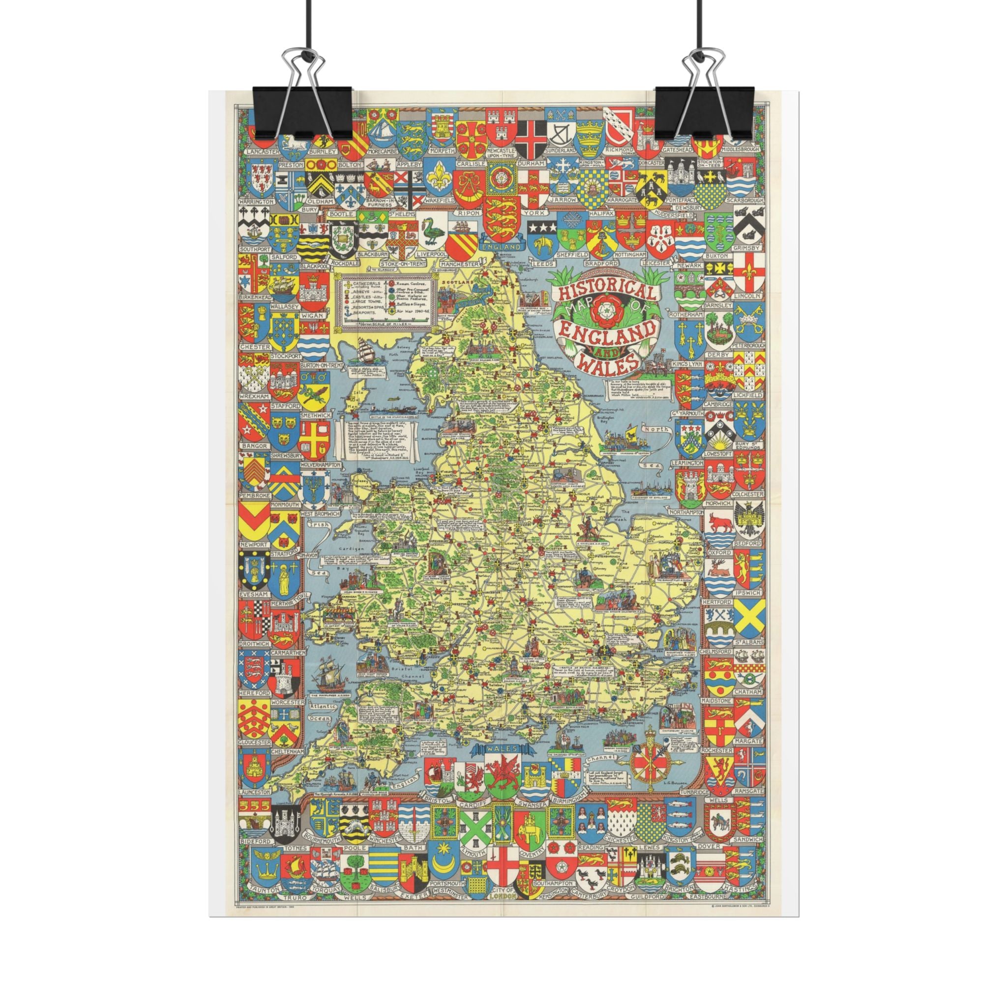 England & Wales Historic Pictorial Map (c. 1963) Rolled Poster | Vintage Map Wall Art