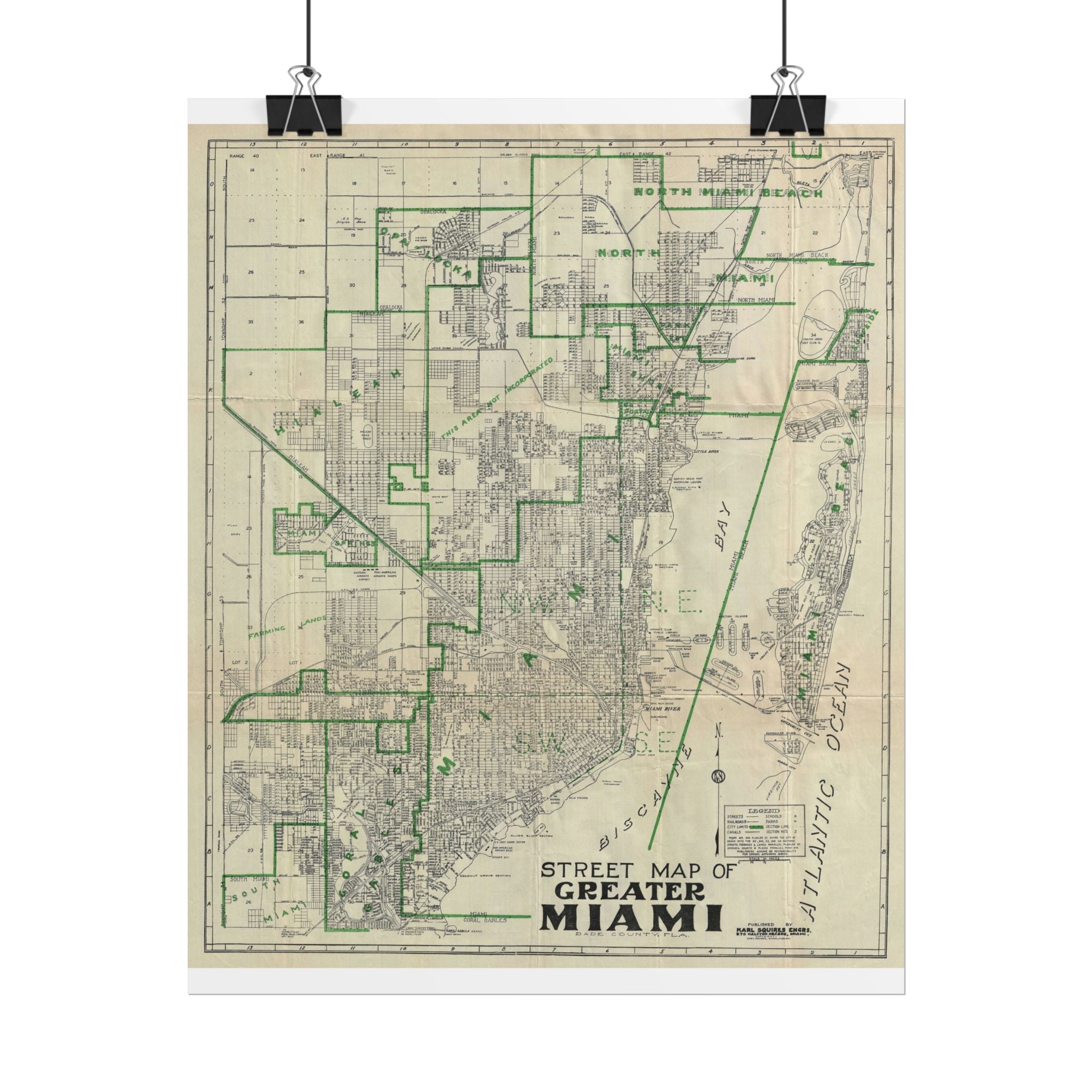 Miami, Florida (c. 1945) Historic City Map Rolled Poster | Antique Map Wall Art