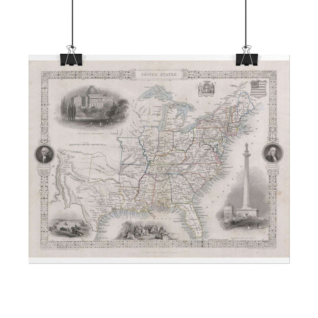 United States of America Historic Map (c. 1850) Rolled Poster | Vintage Map Wall Art