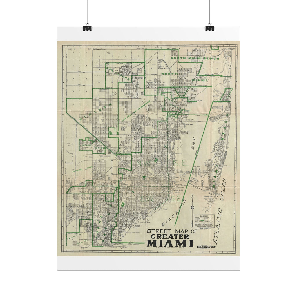 Miami, Florida (c. 1945) Historic City Map Rolled Poster | Antique Map Wall Art