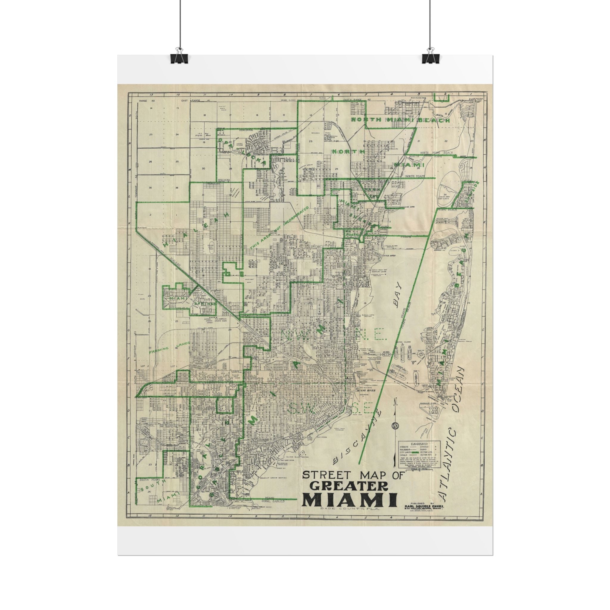 Miami, Florida (c. 1945) Historic City Map Rolled Poster | Antique Map Wall Art