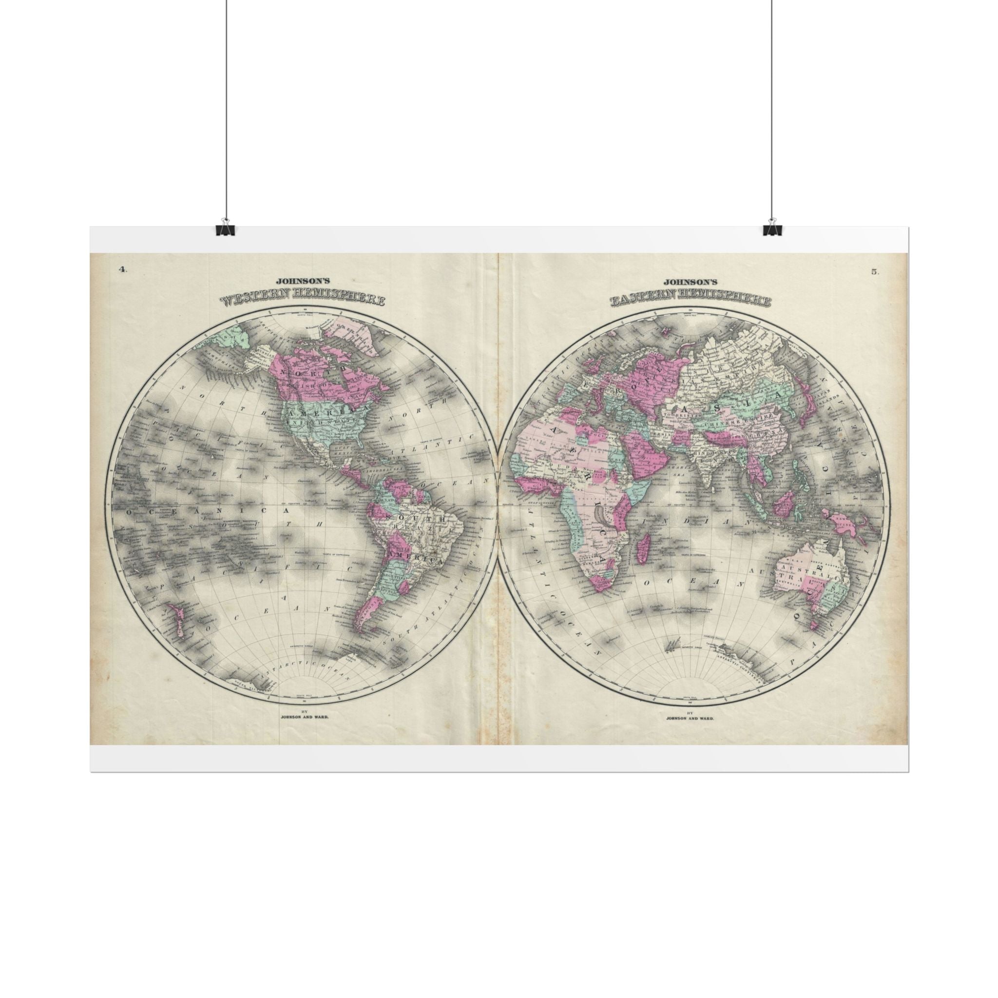 The World Atlas Hemispheres Historic Map (c. 1863) Rolled Poster | Antique Map Wall Art