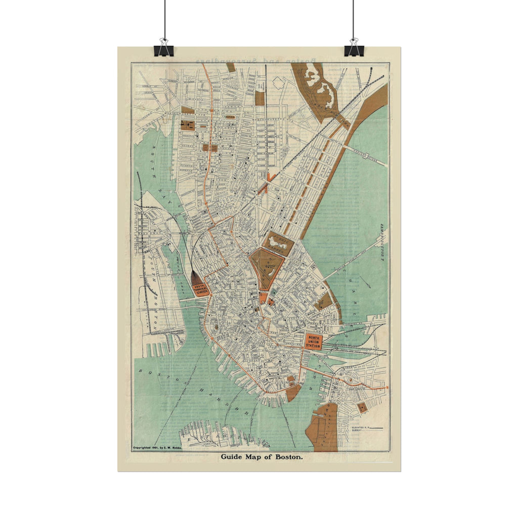Boston, Massachusetts (c. 1901) Historic City Map Rolled Poster | Antique Map Wall Art