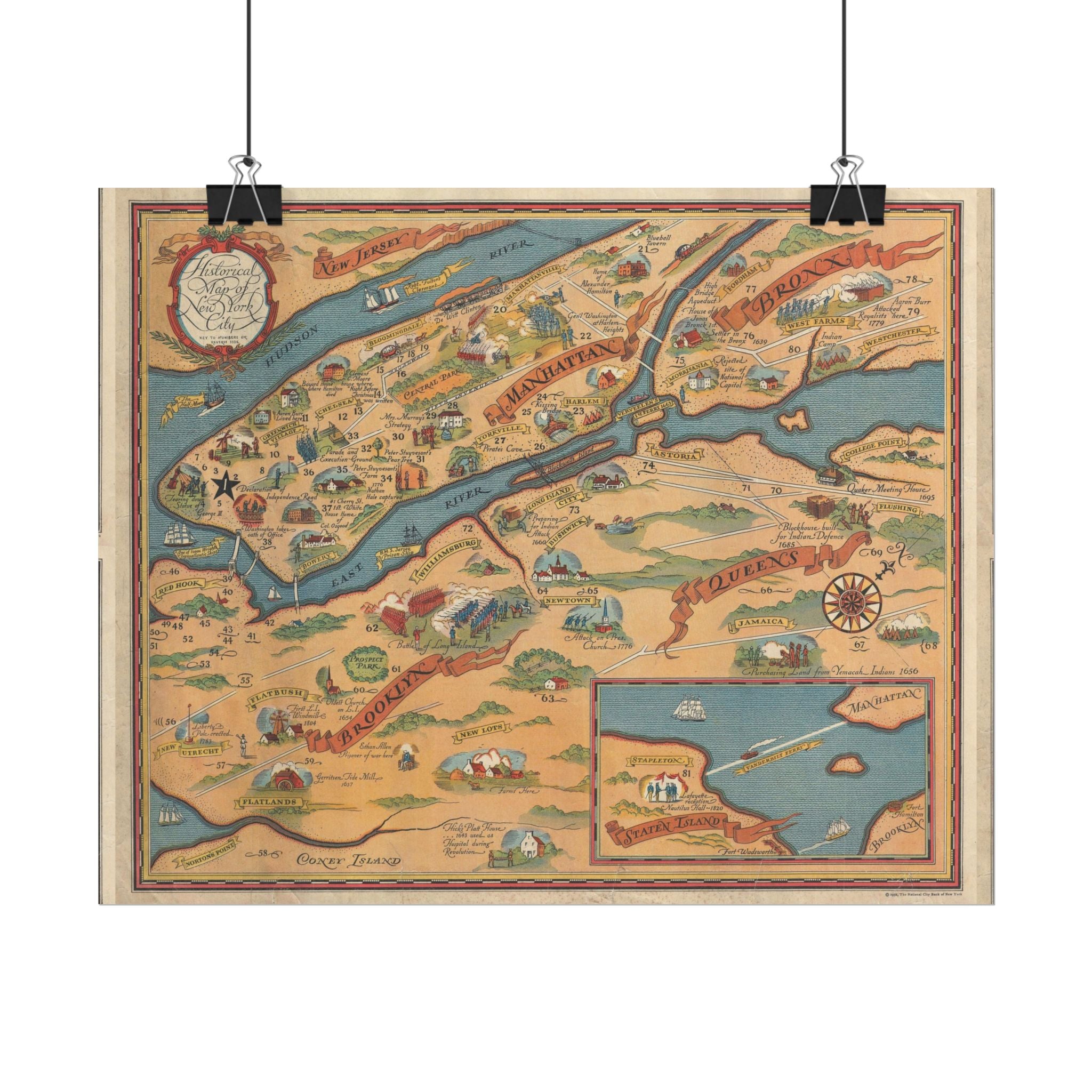 New York City, New York Historic Map (c. 1932) Rolled Poster | Antique City Map Wall Art