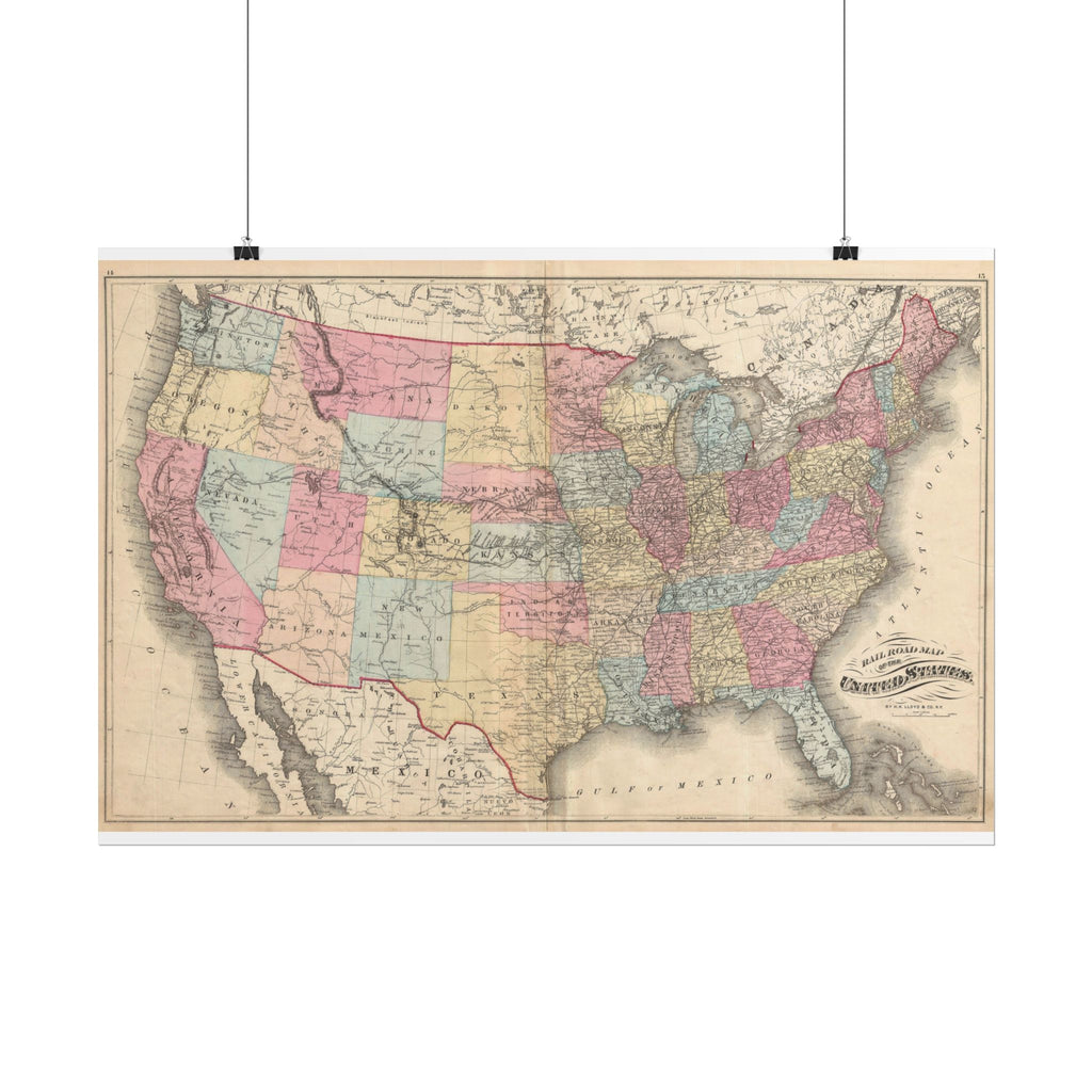 United States of America Historic Railroad Map (c. 1876) Rolled Poster | Vintage Map Wall Art