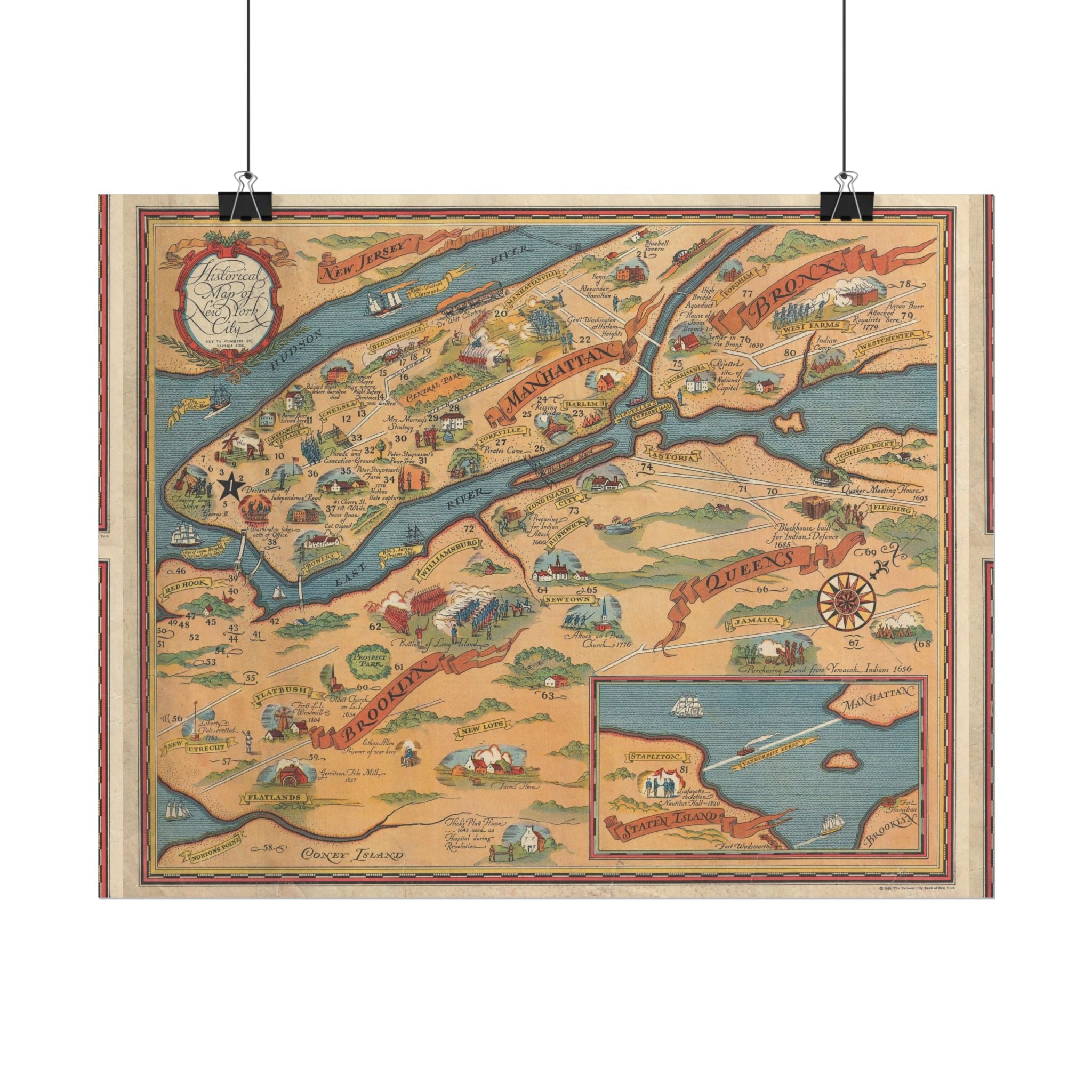 New York City, New York Historic Map (c. 1932) Rolled Poster | Antique City Map Wall Art