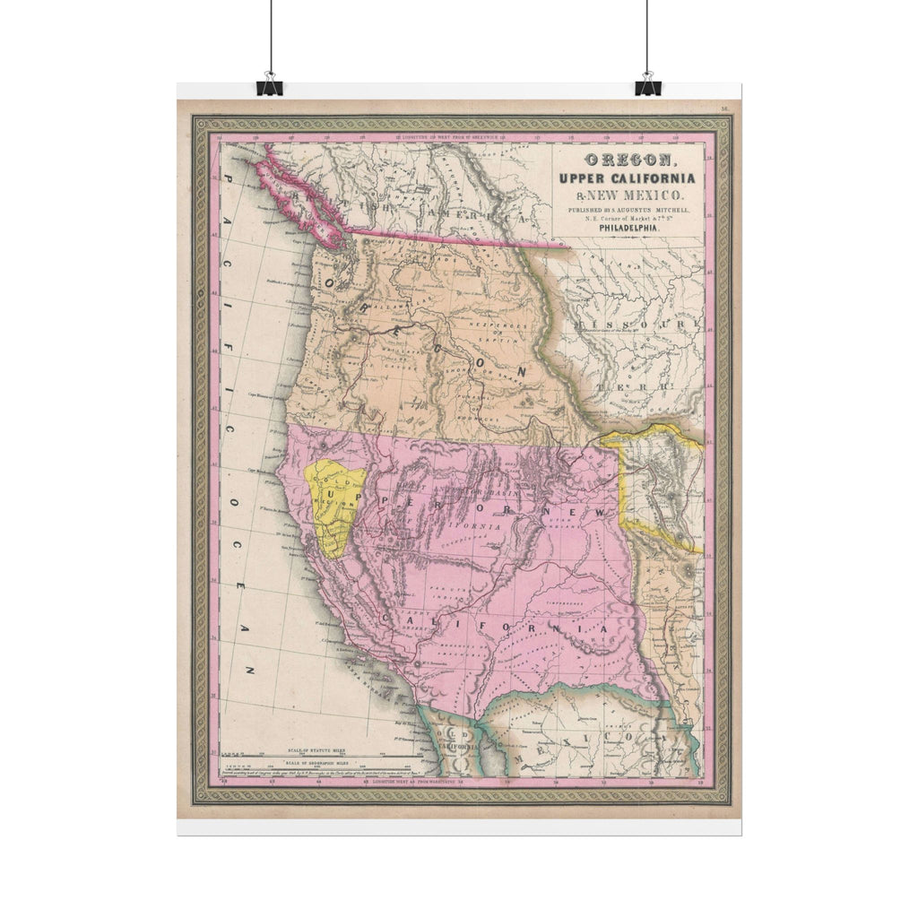California & Oregon Gold Rush Historic Map (c. 1849) Rolled Poster | Antique State Map Wall Art