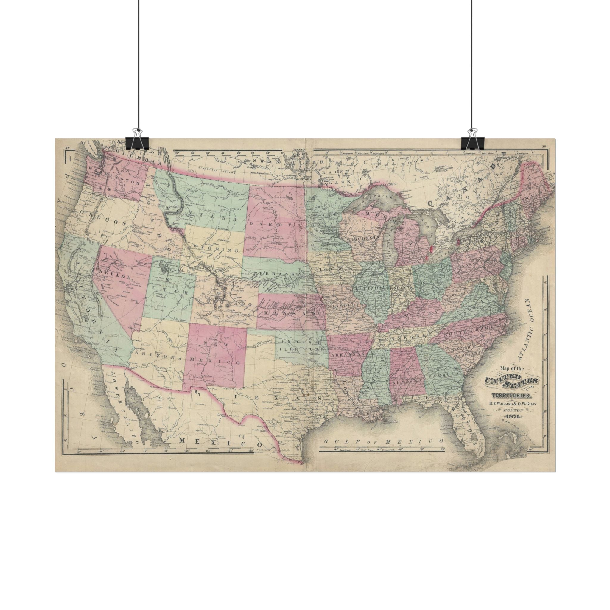 United States of America Historic Map (c. 1871) Rolled Poster | Vintage Map Wall Art