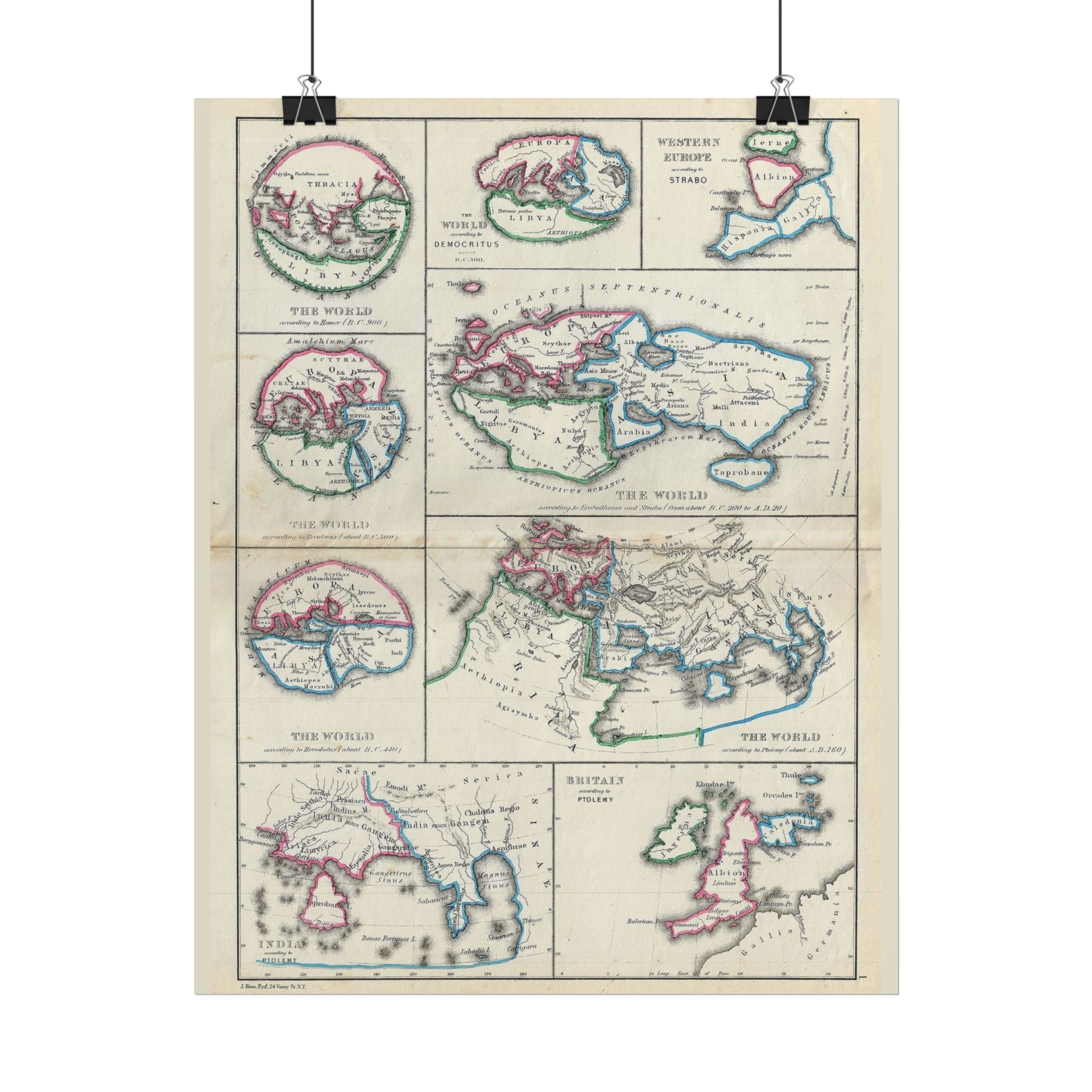 The Ancient World according to Homer, Ptolomy, Democritus, et al. Historic Map (c. 1867) Rolled Poster | Antique Map Wall Art