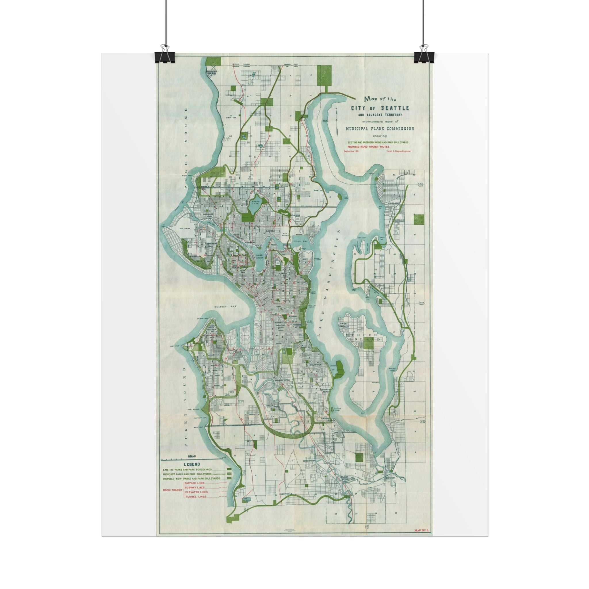 Seattle, Washington (c. 1911) Historic City Map Rolled Poster | Vintage Map Wall Art