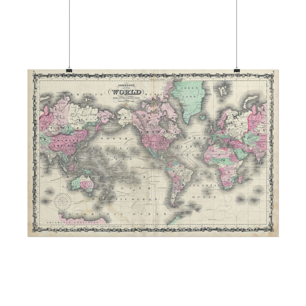 The World Atlas Mercator's Projection Historic Map (c. 1863) Rolled Poster | Antique Map Wall Art