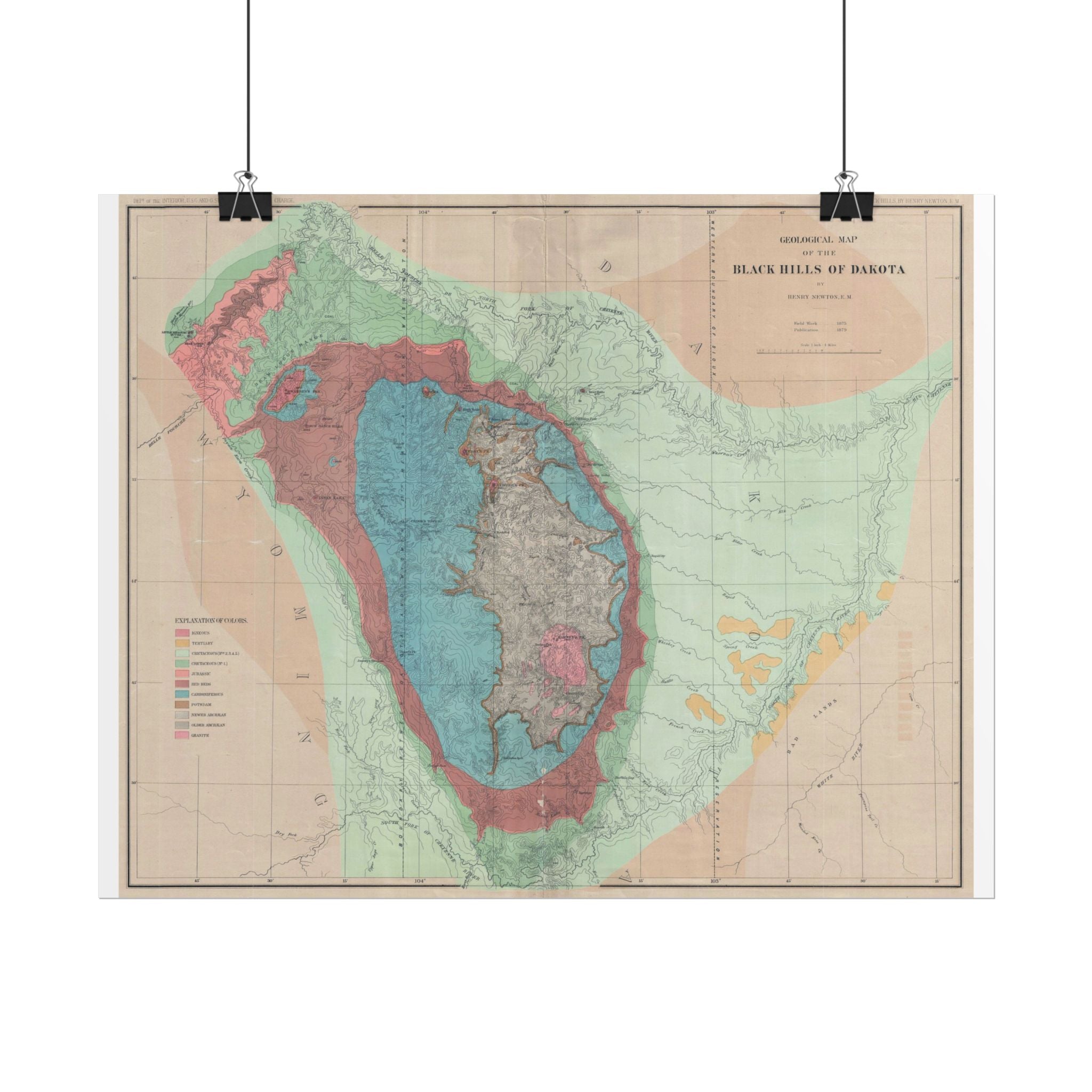 Black Hills, South Dakota Geologic Survey (c. 1879) Historic Map Rolled Poster | Vintage Map Wall Art