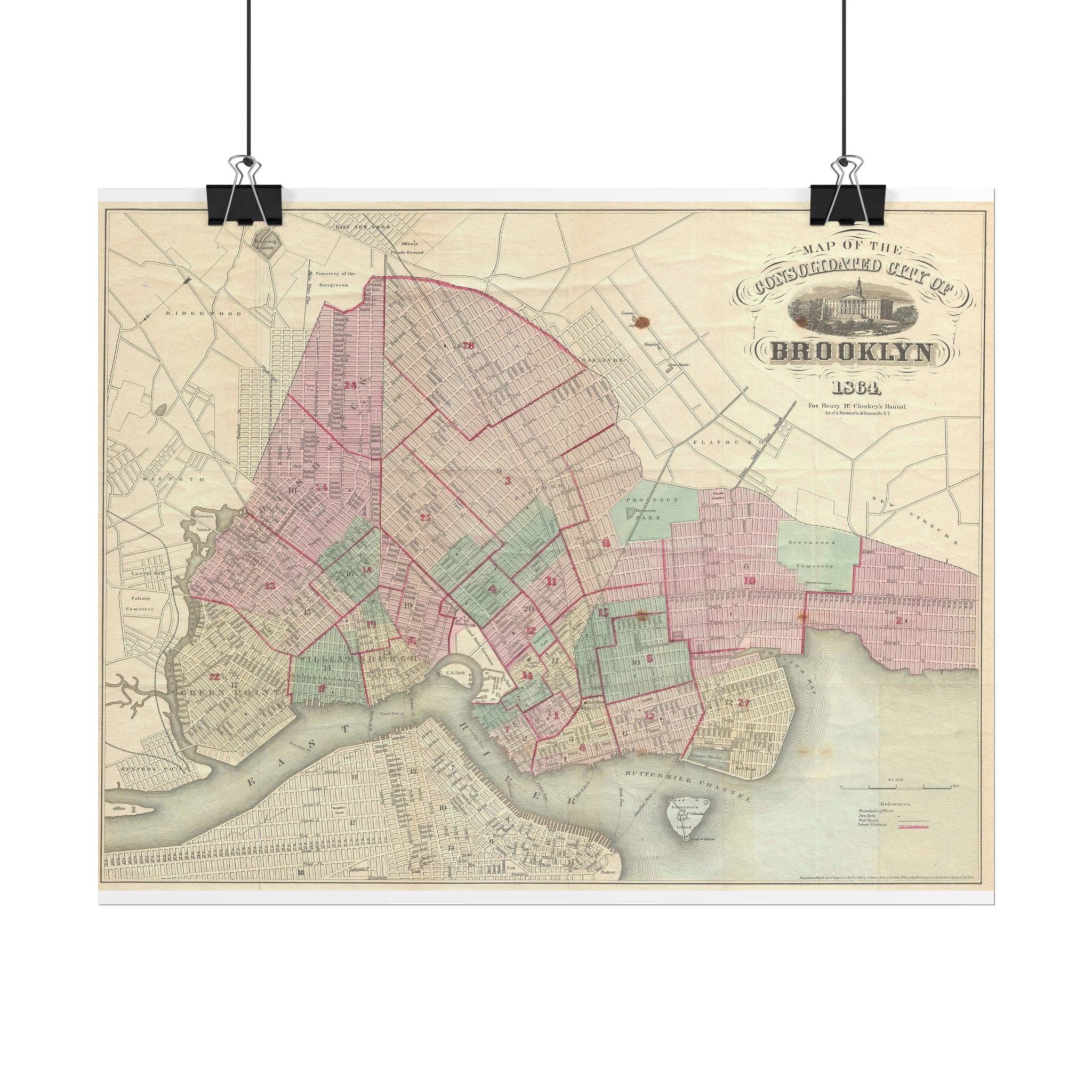 Brooklyn, New York Historic Map (c. 1864) Rolled Poster | Antique City Map Wall Art