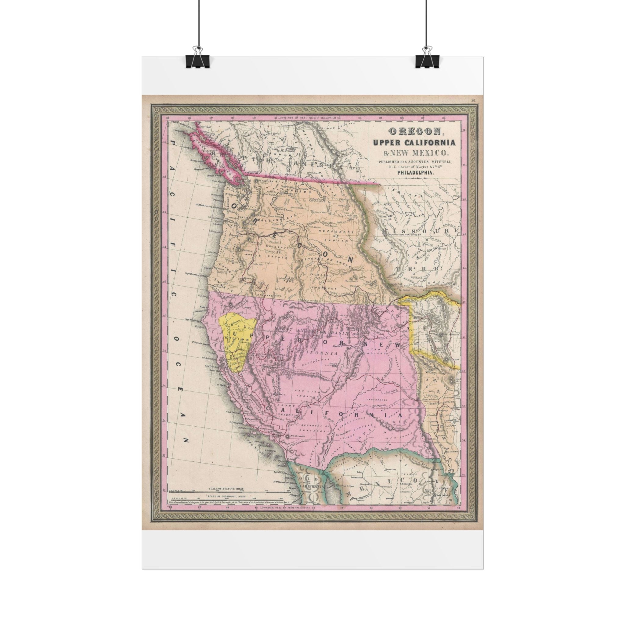 California & Oregon Gold Rush Historic Map (c. 1849) Rolled Poster | Antique State Map Wall Art