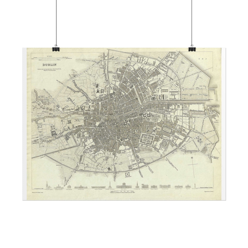 Dublin, Ireland Historic Map (c. 1836) Rolled Poster | Antique City Map Wall Art