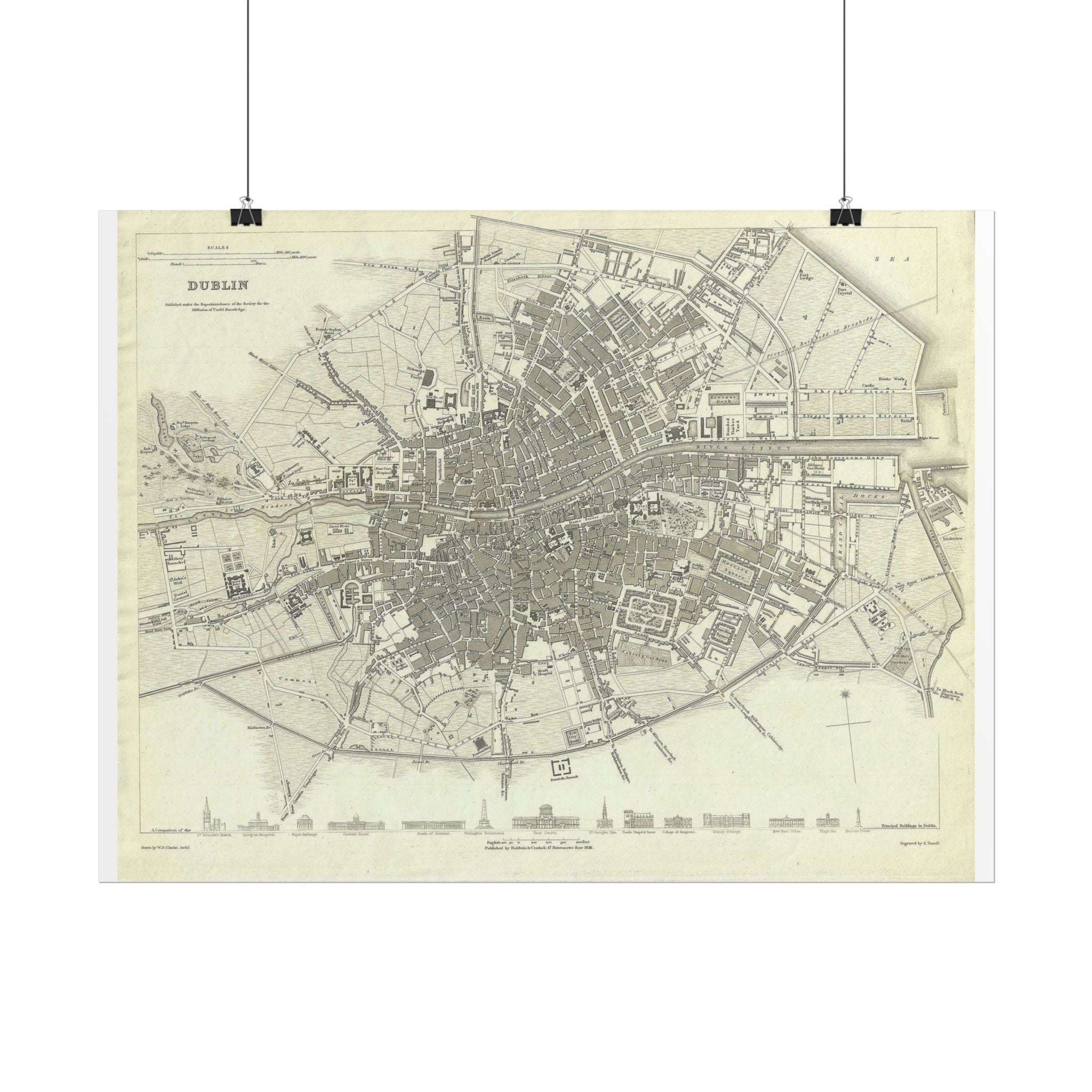 Dublin, Ireland Historic Map (c. 1836) Rolled Poster | Antique City Map Wall Art