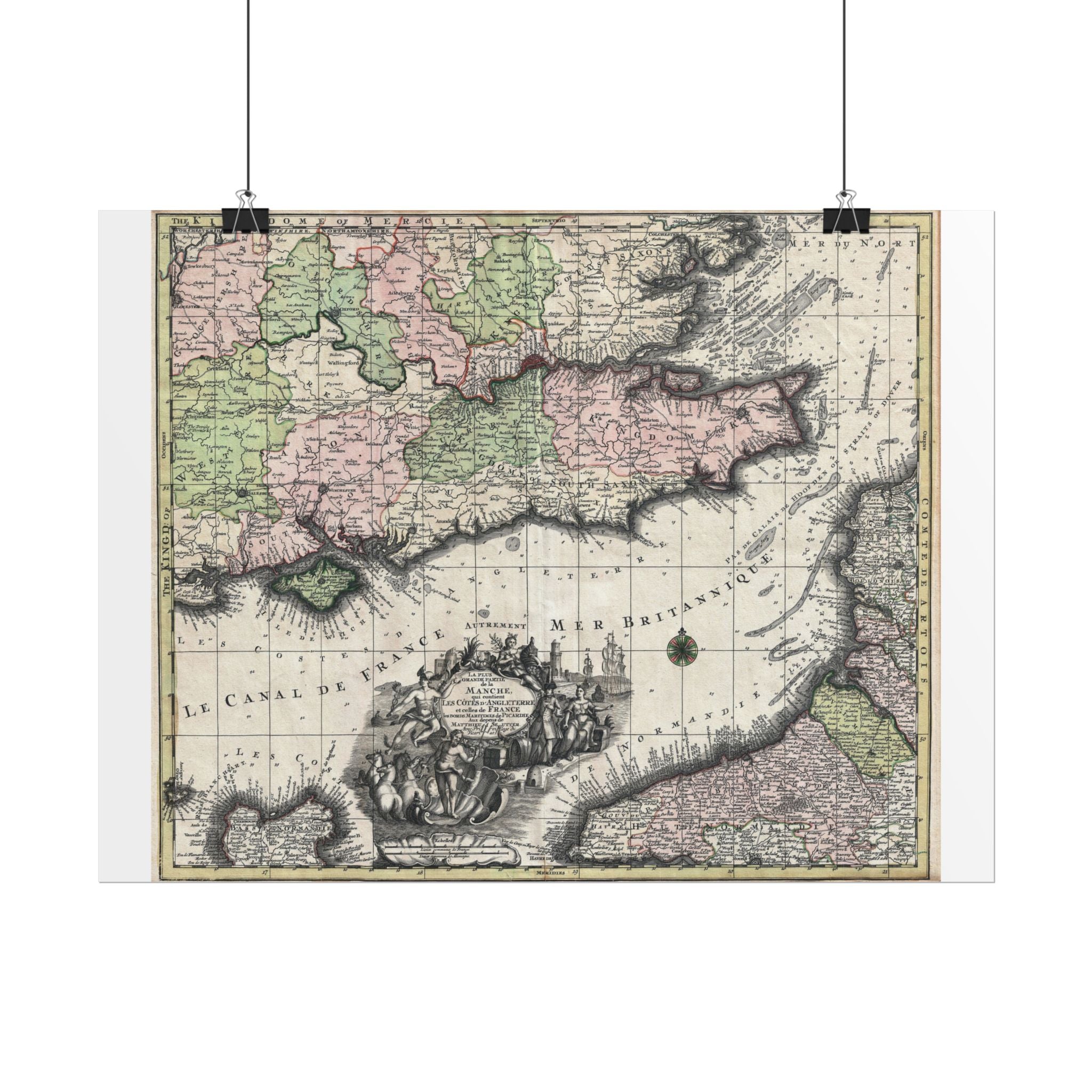 English Channel Historic Map (c. 1730) Rolled Poster | Vintage Map Wall Art
