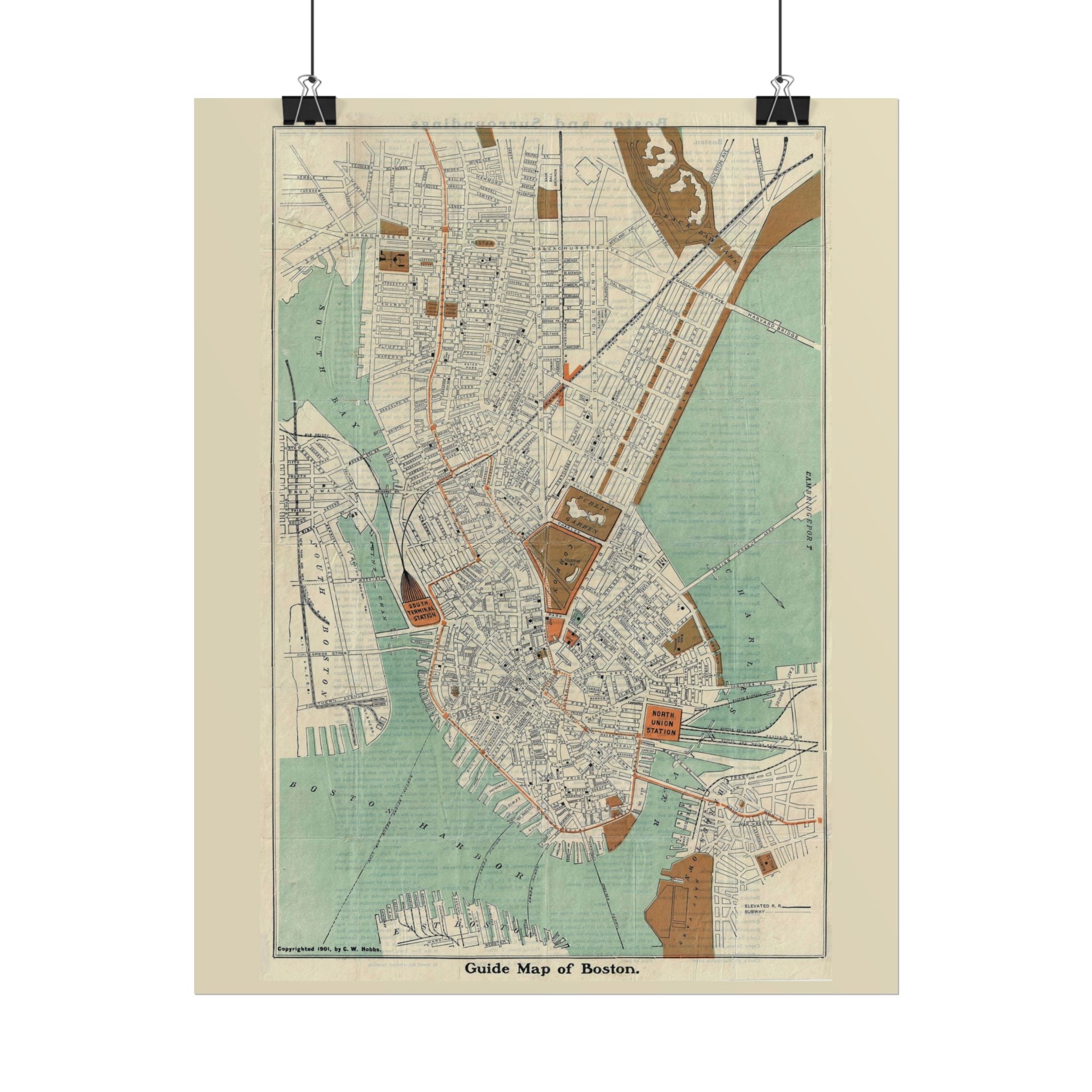 Boston, Massachusetts (c. 1901) Historic City Map Rolled Poster | Antique Map Wall Art