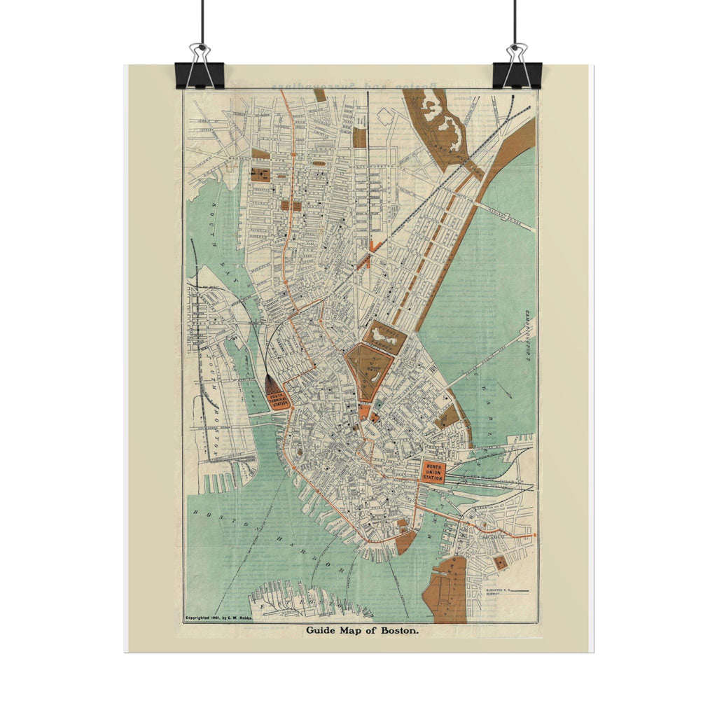Boston, Massachusetts (c. 1901) Historic City Map Rolled Poster | Antique Map Wall Art