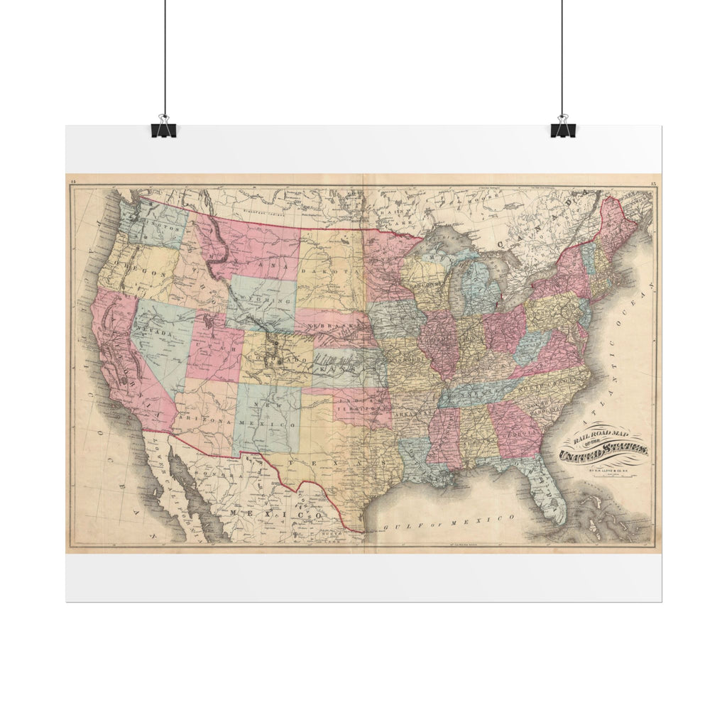 United States of America Historic Railroad Map (c. 1876) Rolled Poster | Vintage Map Wall Art