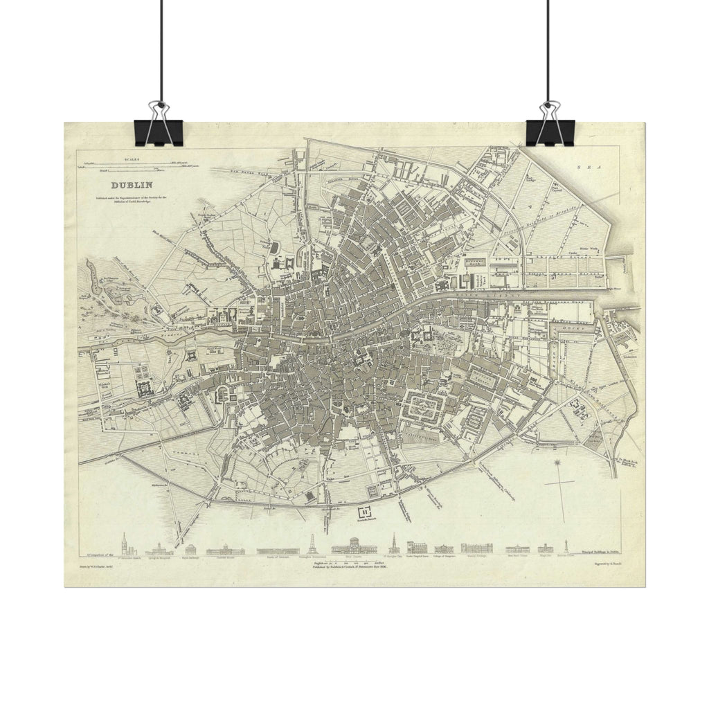 Dublin, Ireland Historic Map (c. 1836) Rolled Poster | Antique City Map Wall Art