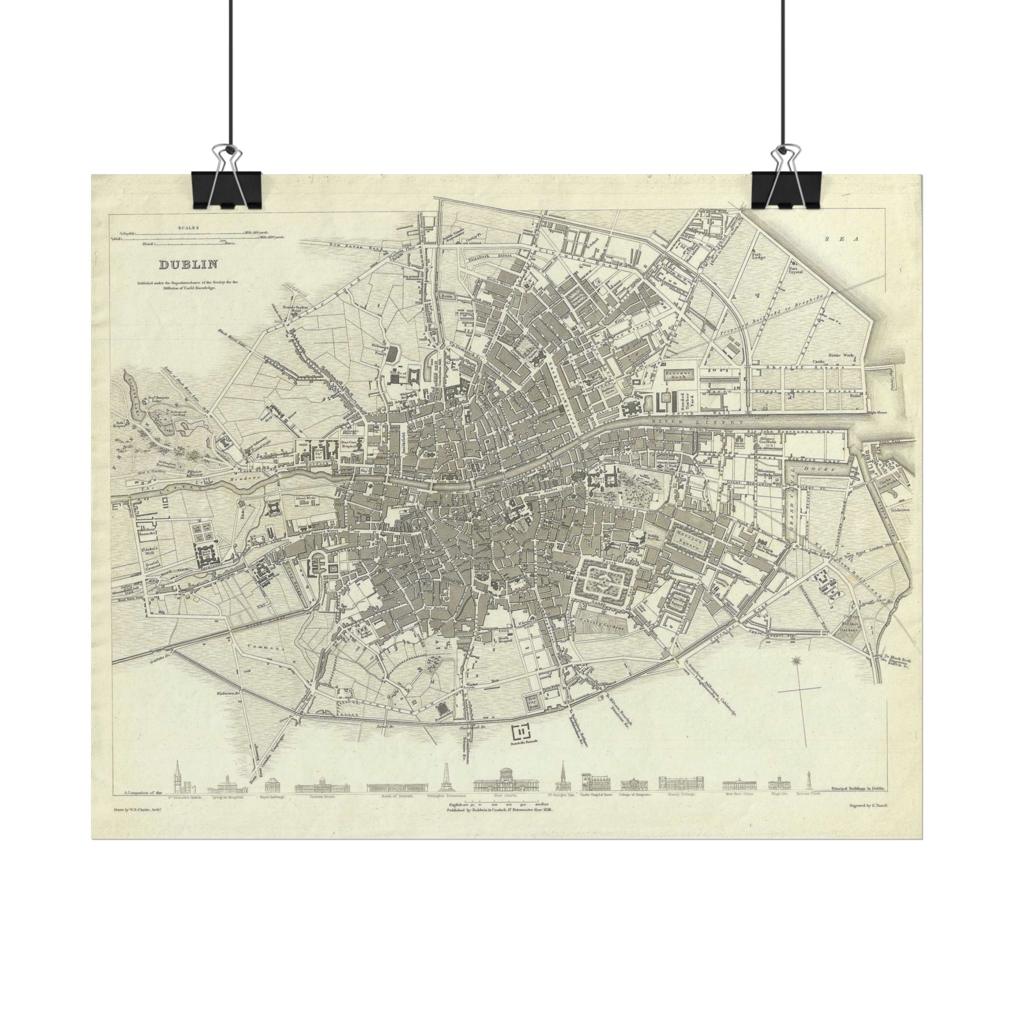 Dublin, Ireland Historic Map (c. 1836) Rolled Poster | Antique City Map Wall Art