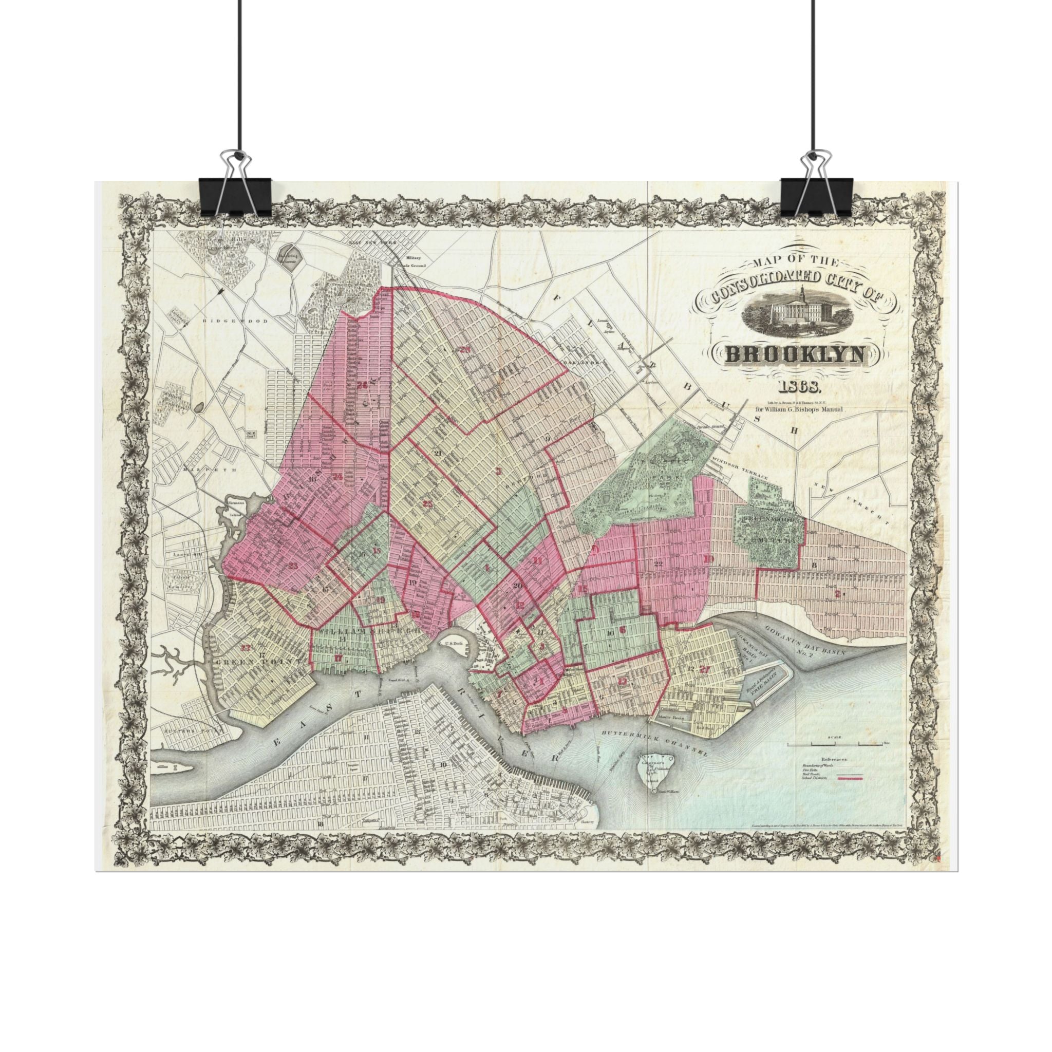 Brooklyn, New York Historic Map (c. 1868) Rolled Poster | Antique City Map Wall Art