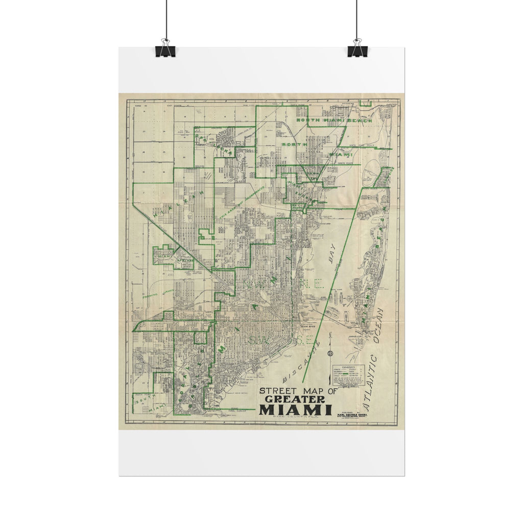 Miami, Florida (c. 1945) Historic City Map Rolled Poster | Antique Map Wall Art