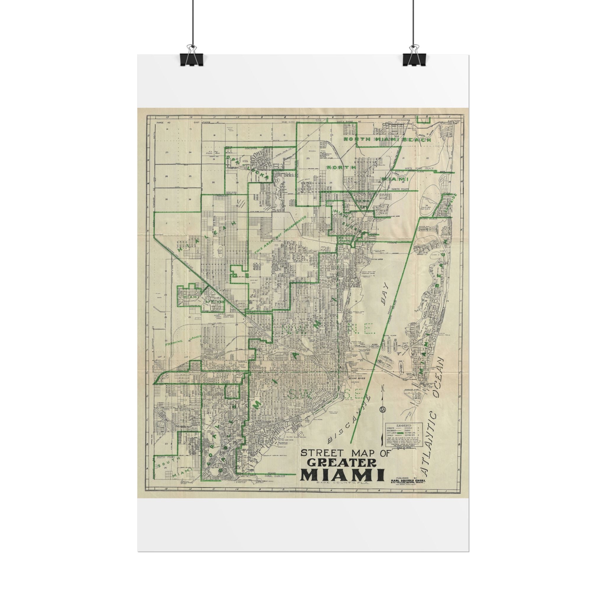 Miami, Florida (c. 1945) Historic City Map Rolled Poster | Antique Map Wall Art