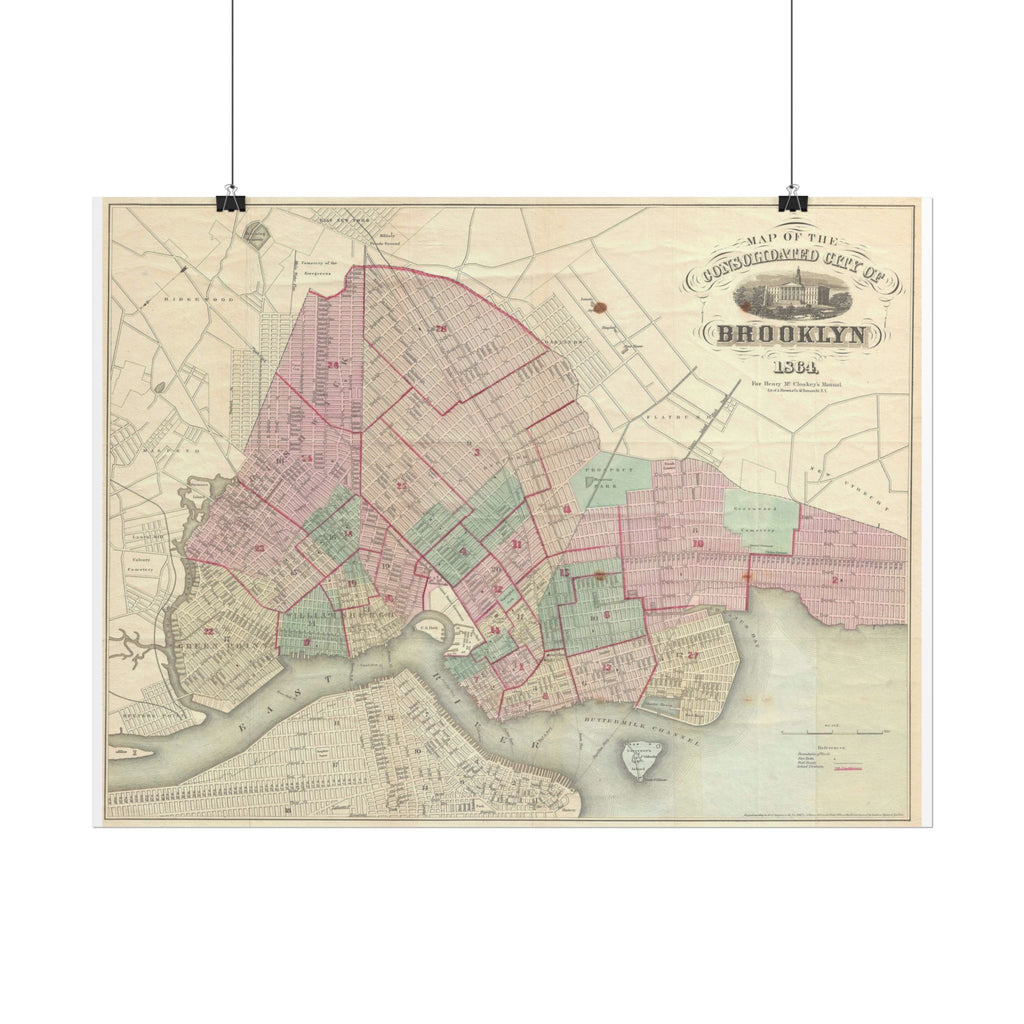 Brooklyn, New York Historic Map (c. 1864) Rolled Poster | Antique City Map Wall Art