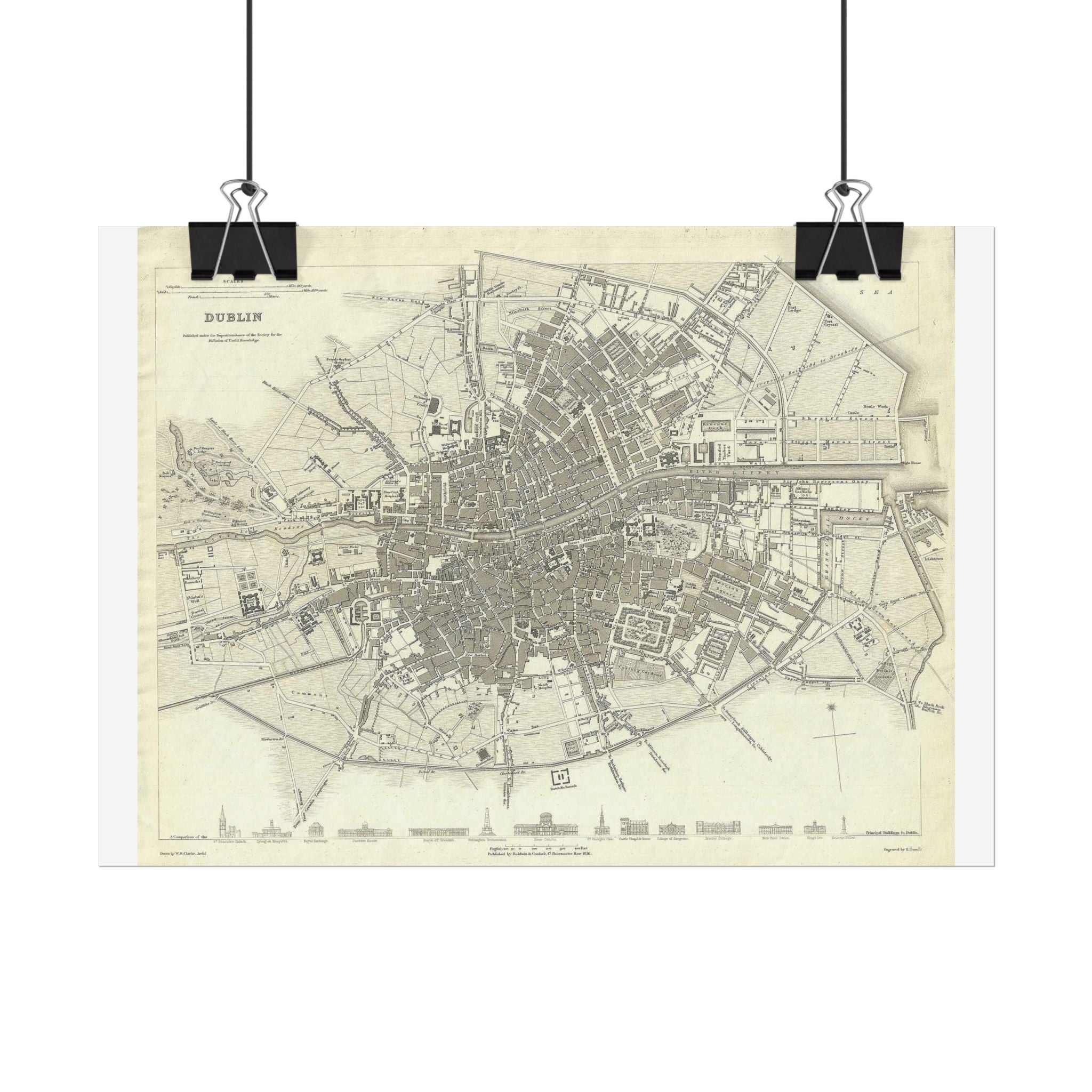 Dublin, Ireland Historic Map (c. 1836) Rolled Poster | Antique City Map Wall Art