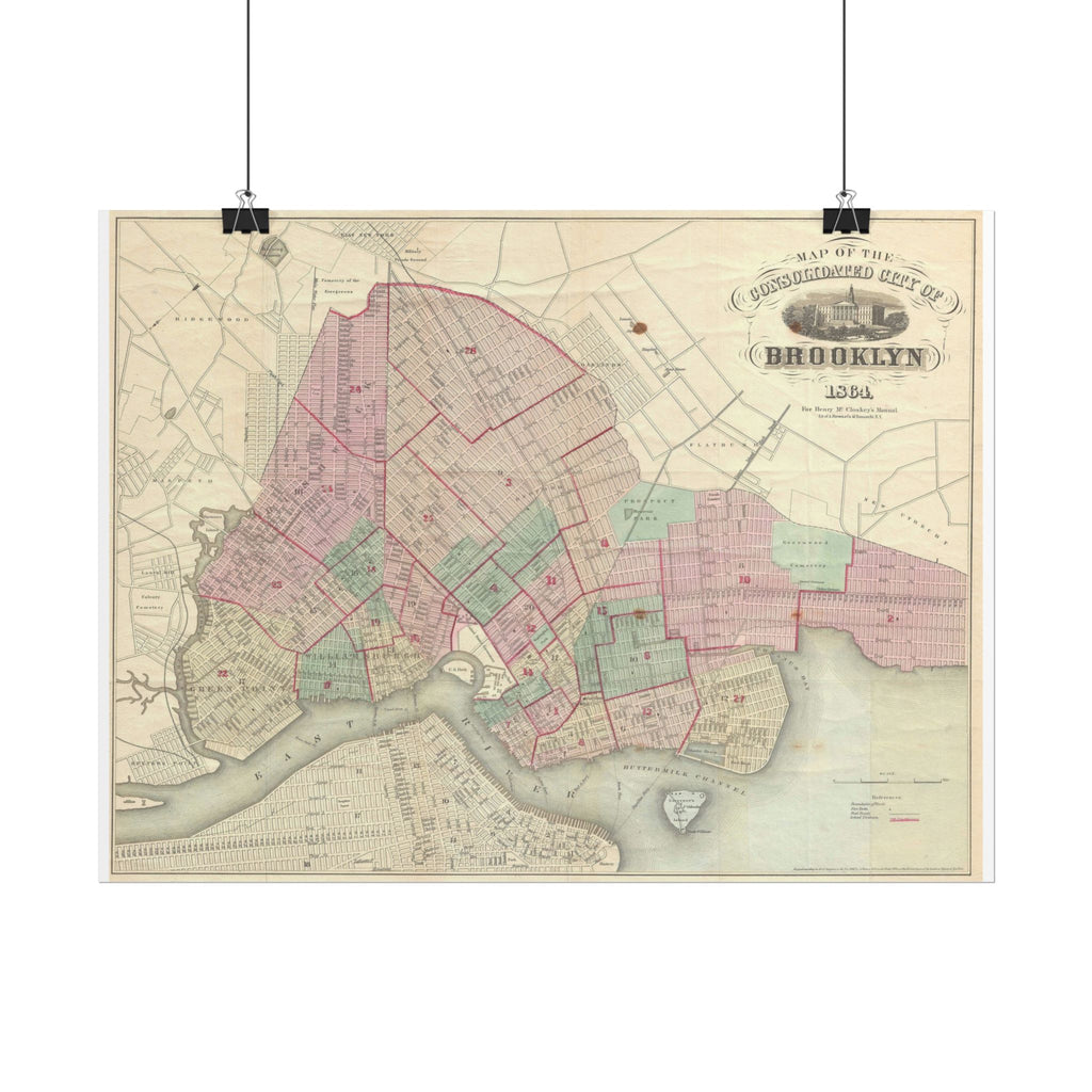 Brooklyn, New York Historic Map (c. 1864) Rolled Poster | Antique City Map Wall Art