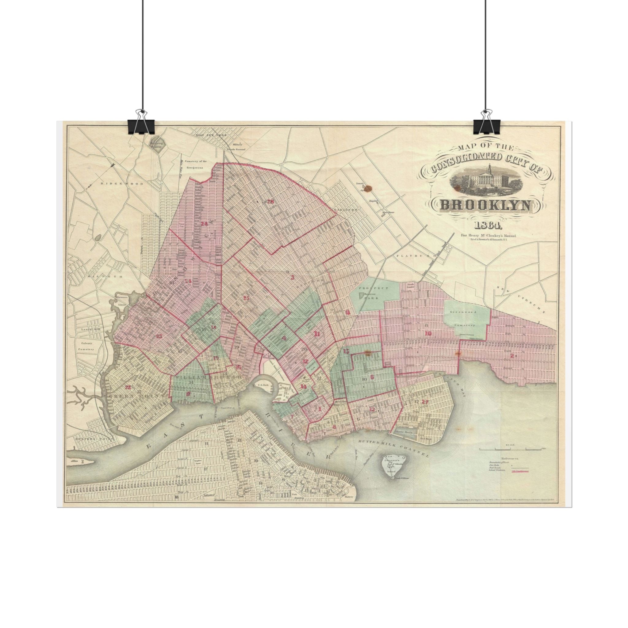 Brooklyn, New York Historic Map (c. 1864) Rolled Poster | Antique City Map Wall Art
