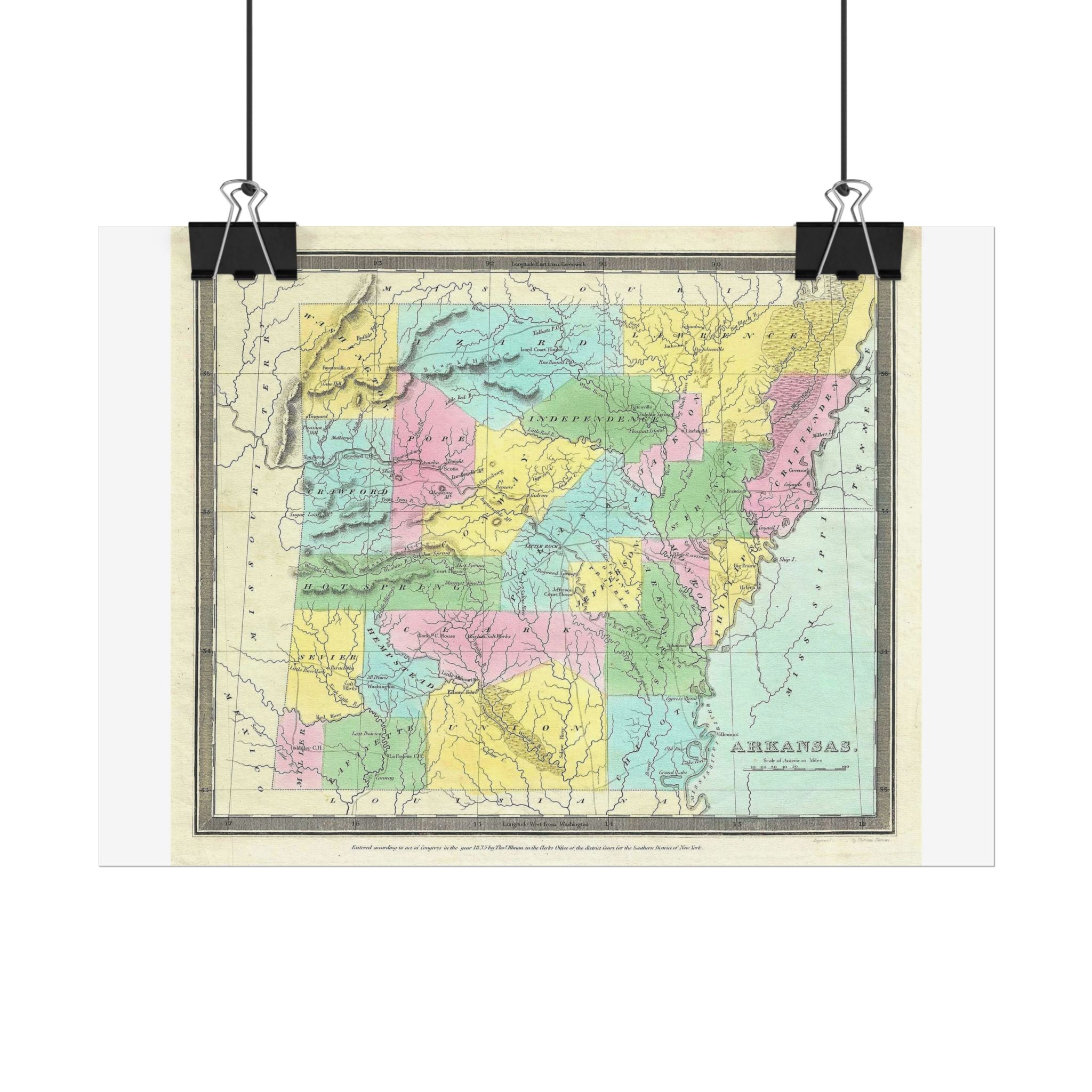 Arkansas Historic Map (c. 1852) Rolled Poster | Antique State Map Wall Art
