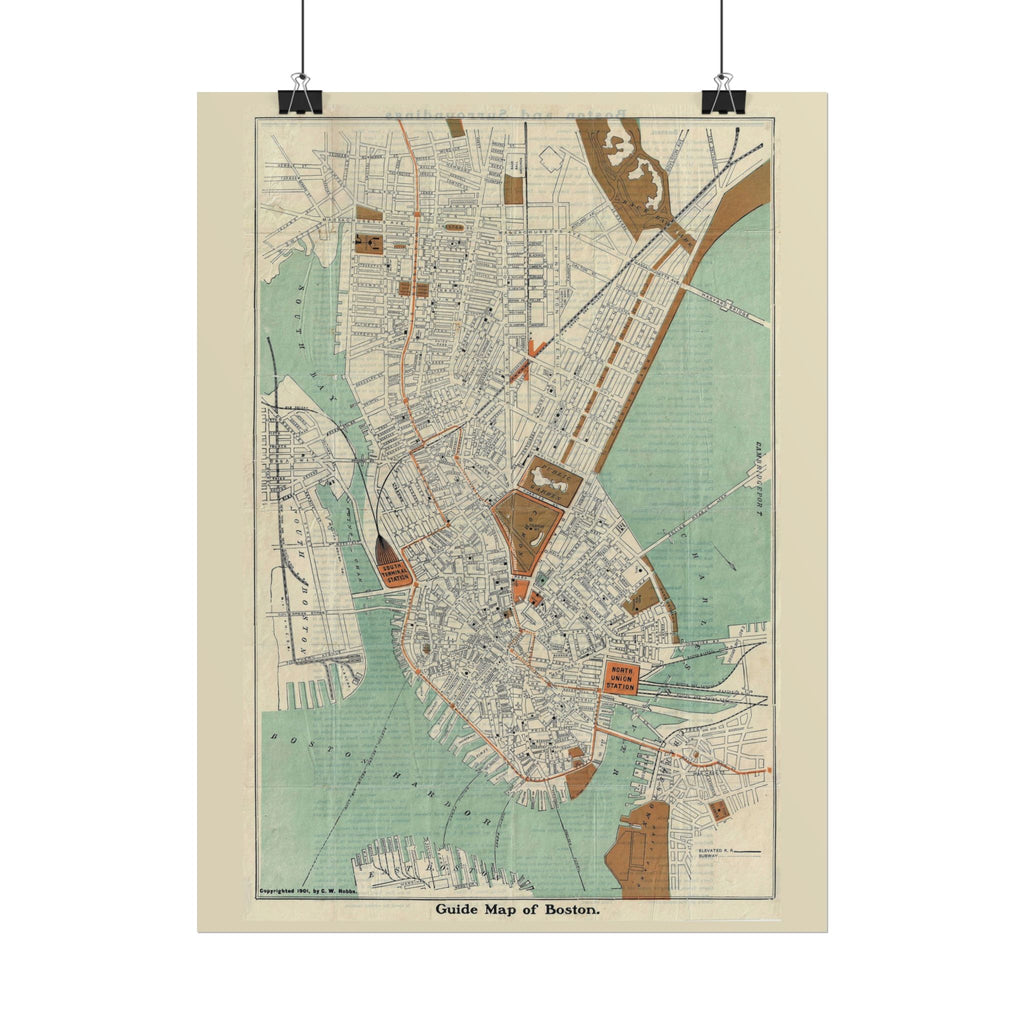 Boston, Massachusetts (c. 1901) Historic City Map Rolled Poster | Antique Map Wall Art