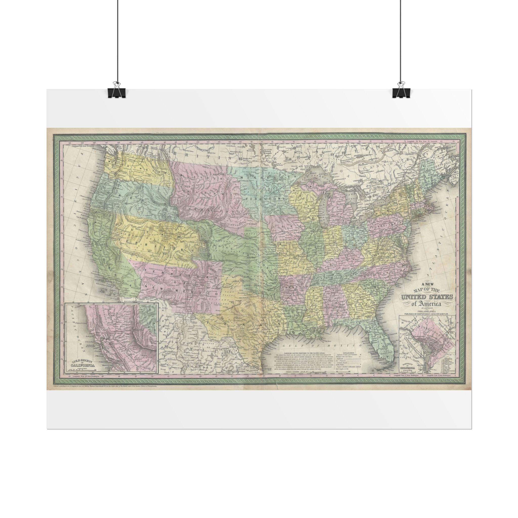 United States of America Historic Map (c. 1854) Rolled Poster | Vintage Map Wall Art
