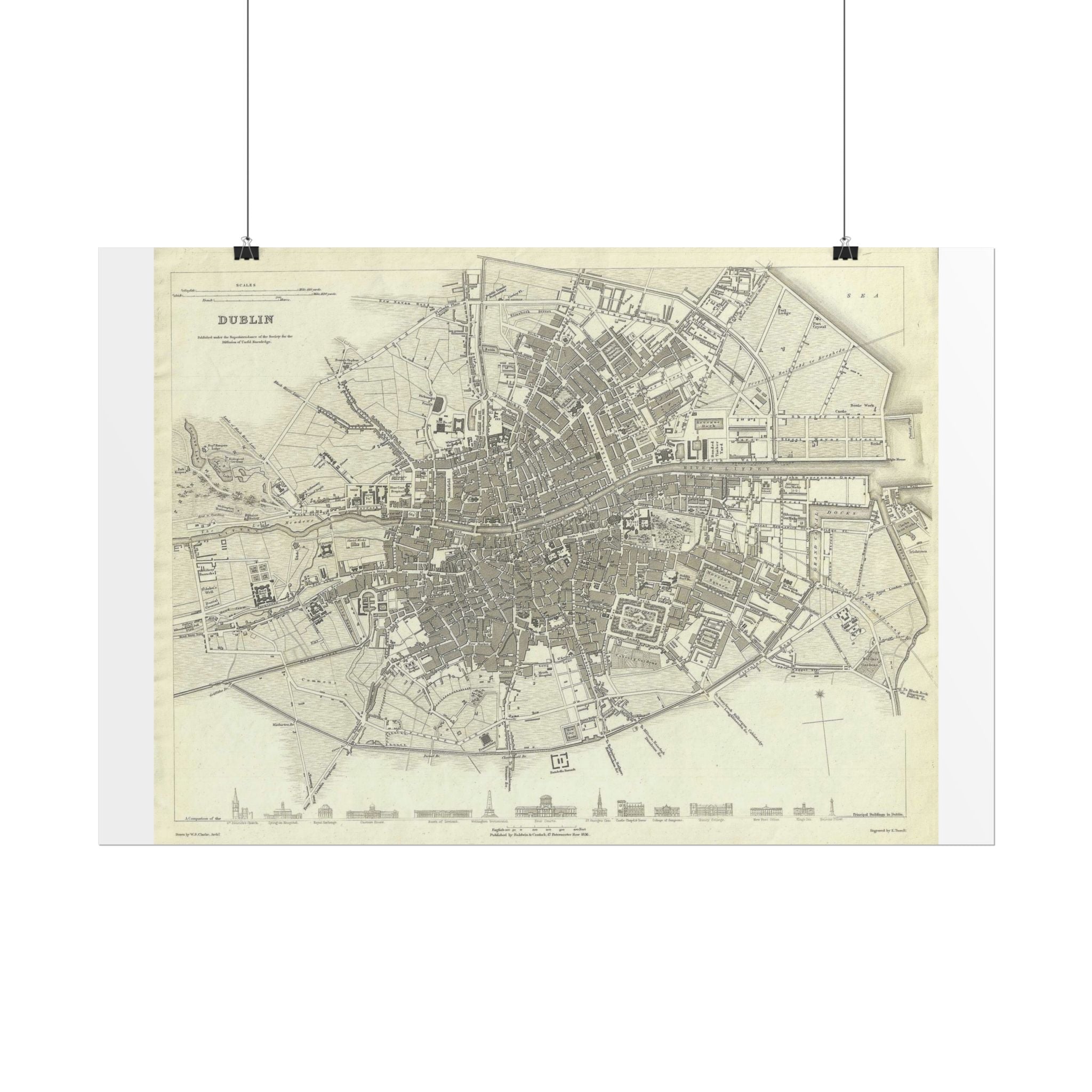 Dublin, Ireland Historic Map (c. 1836) Rolled Poster | Antique City Map Wall Art