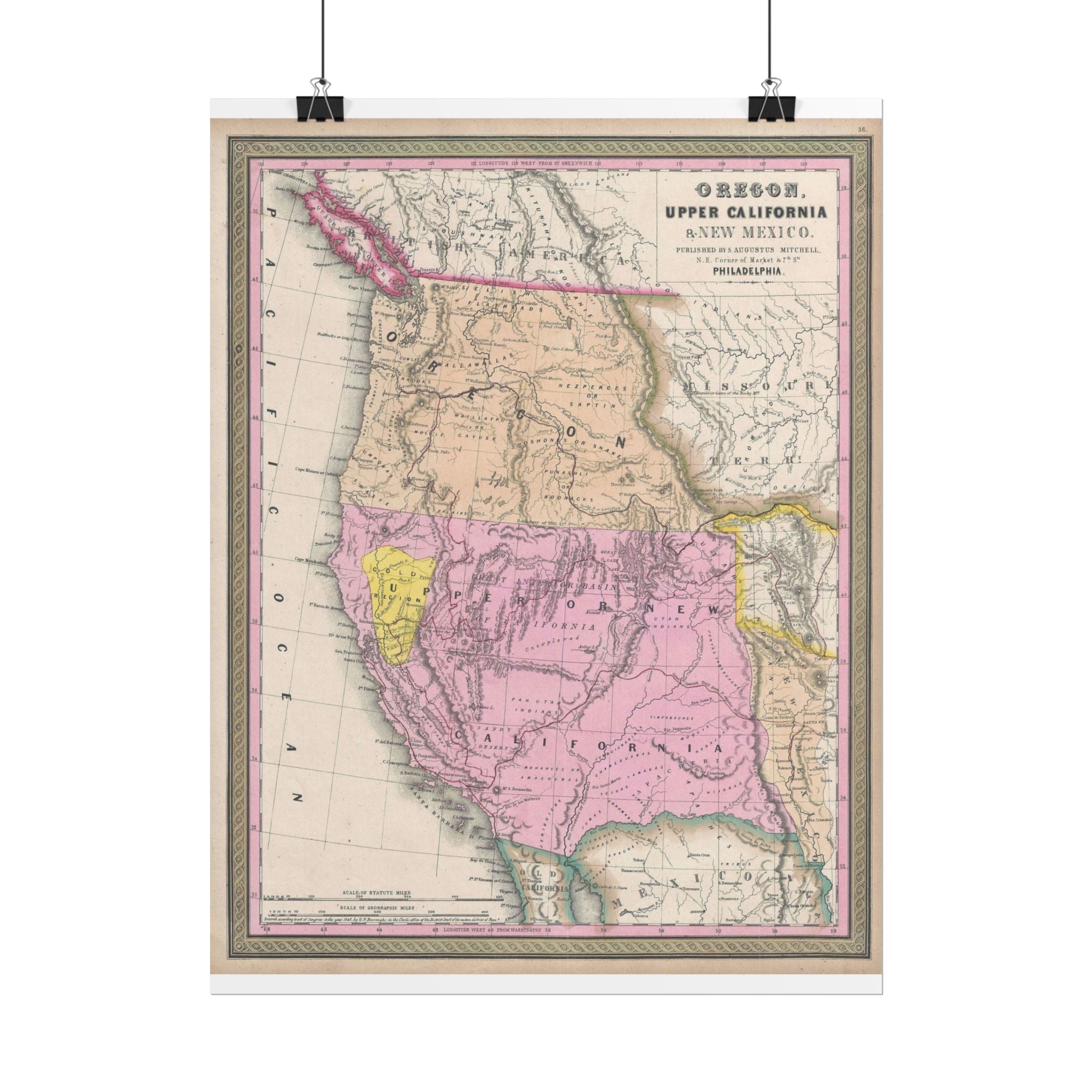 California & Oregon Gold Rush Historic Map (c. 1849) Rolled Poster | Antique State Map Wall Art