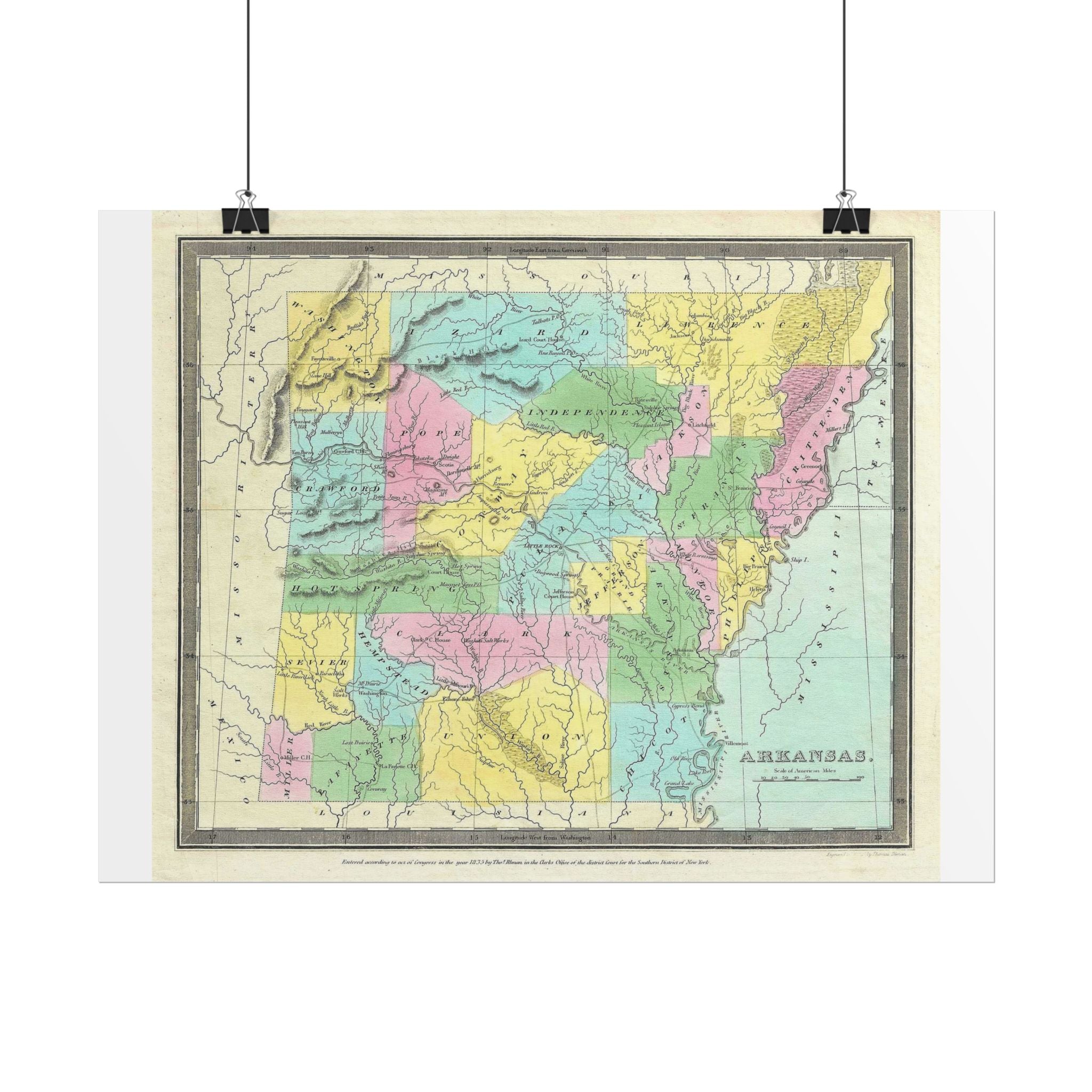 Arkansas Historic Map (c. 1852) Rolled Poster | Antique State Map Wall Art