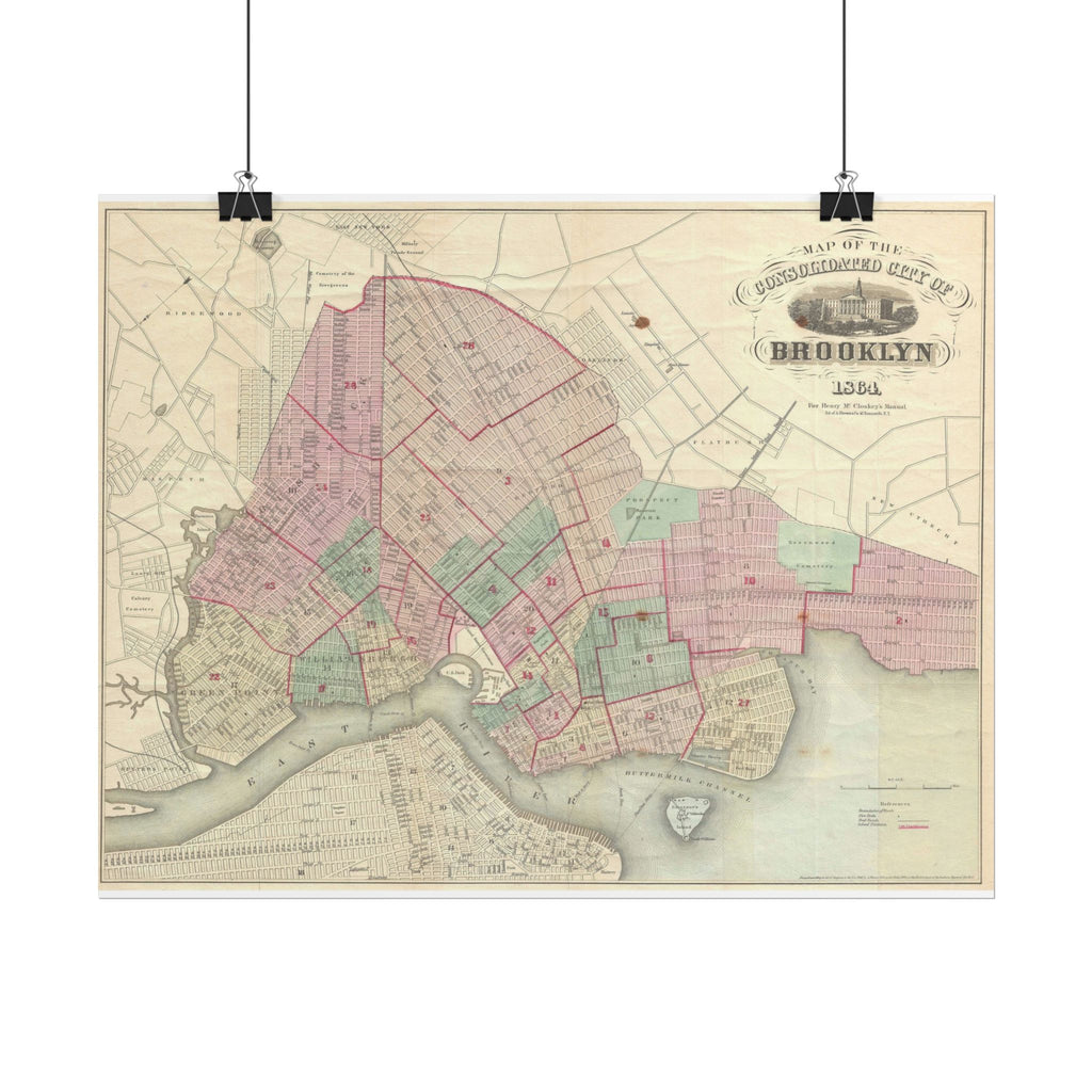 Brooklyn, New York Historic Map (c. 1864) Rolled Poster | Antique City Map Wall Art