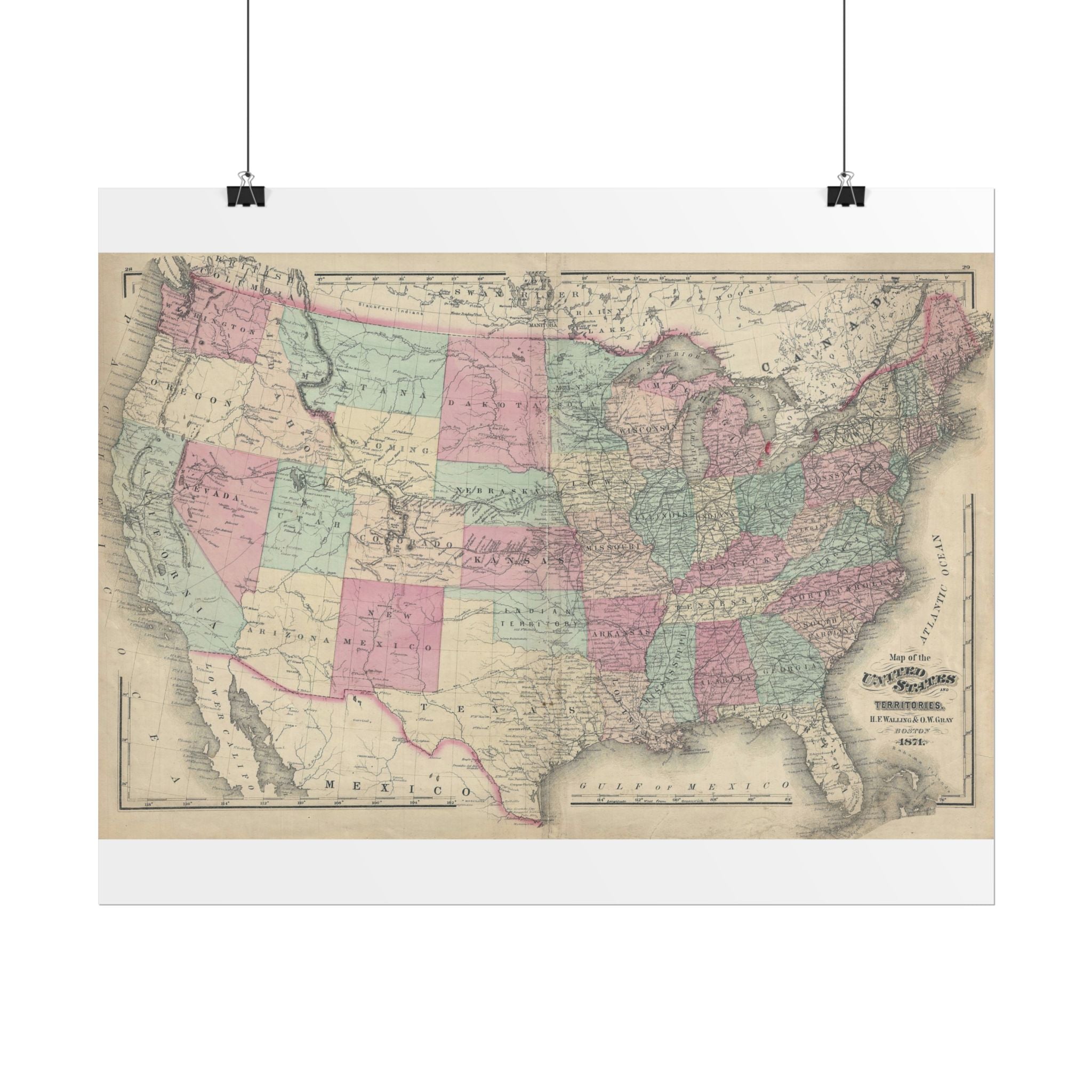 United States of America Historic Map (c. 1871) Rolled Poster | Vintage Map Wall Art